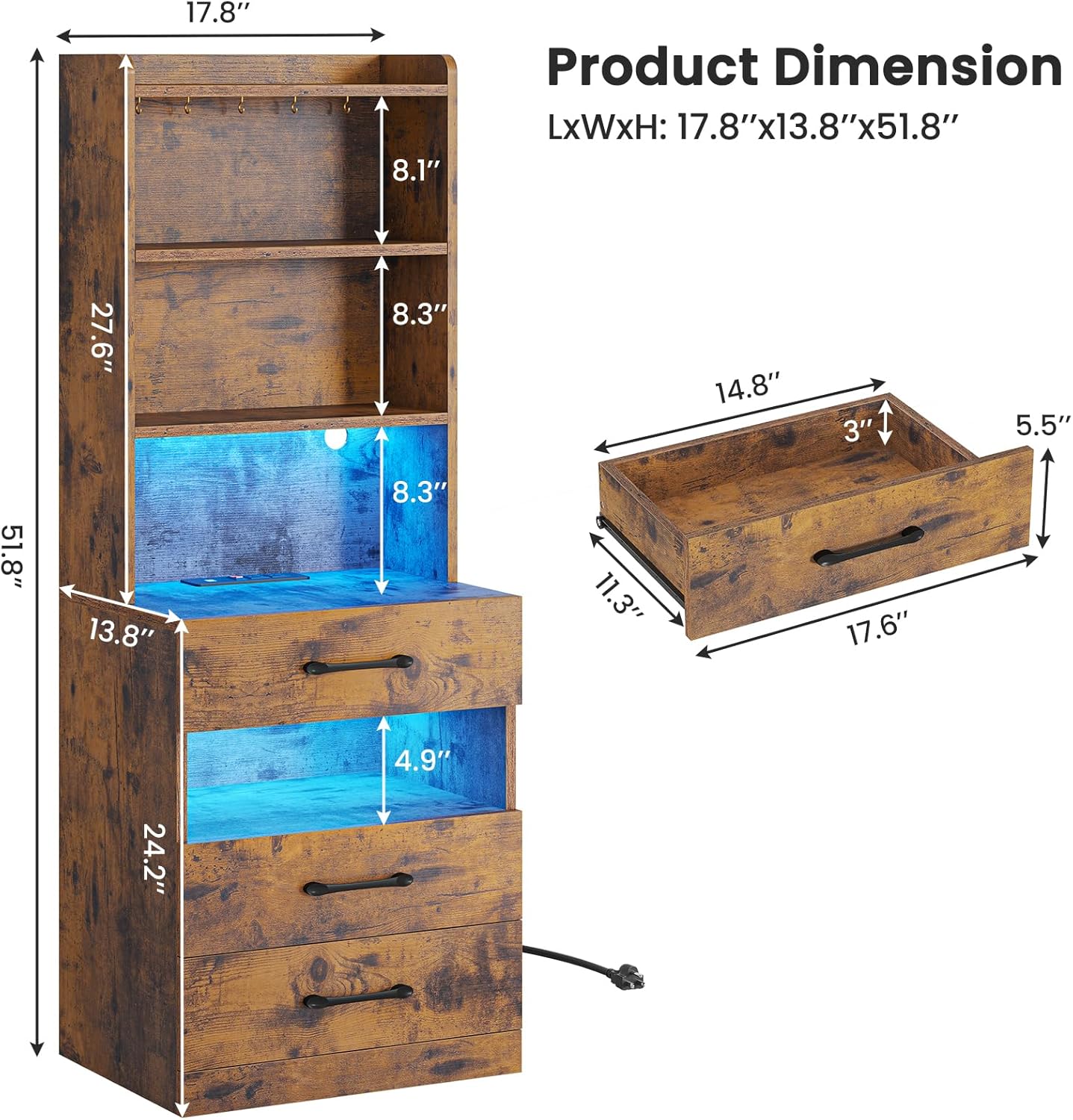 VIAGDO Tall Nightstand with Charging Station and LED Lights, Rustic Brown Night Stand with Bookshelf, Modern LED Bedside Table with 3 Drawers and Storage Shelves, End Side Table for Bedrooms, Dorms