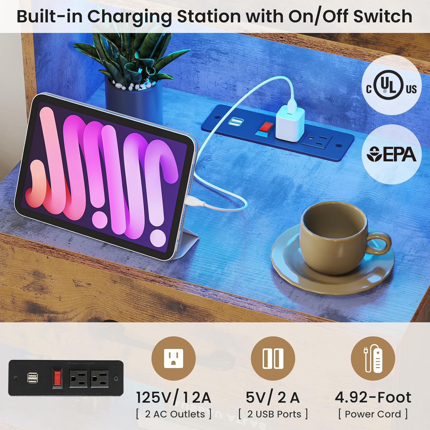 Alternative view of VIAGDO Tall Nightstand with Charging Station and LED Lights, Rustic Brown Night Stand with Bookshelf, Modern LED Bedside Table with 3 Drawers and Storage Shelves, End Side Table for Bedrooms, Dorms