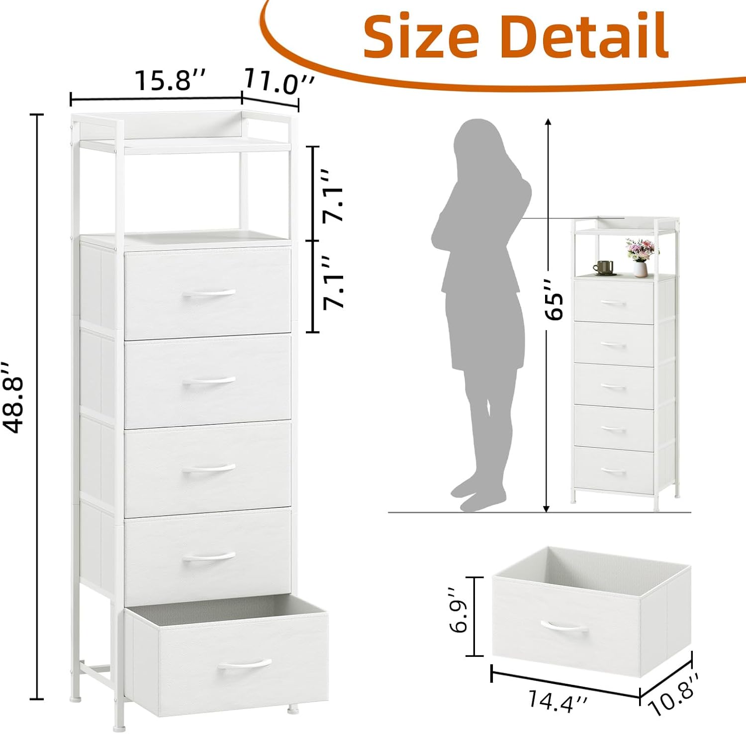 Alternative view of Somdot White Tall Night Stand for Bedroom,Tall 5 Drawers Dresser, Vertical Storage Tower Unit, Nightstand Furniture with Fabric Drawer Organizer in Bedside Kids Dorm Room Closet Laundry Entryway