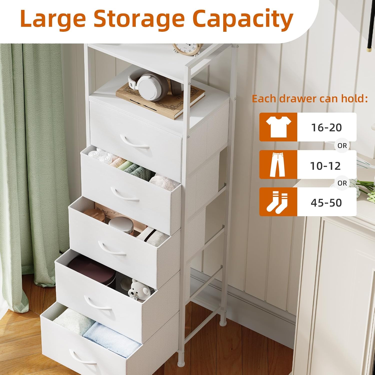 Somdot White Tall Night Stand for Bedroom,Tall 5 Drawers Dresser, Vertical Storage Tower Unit, Nightstand Furniture with Fabric Drawer Organizer in Bedside Kids Dorm Room Closet Laundry Entryway - Image 4