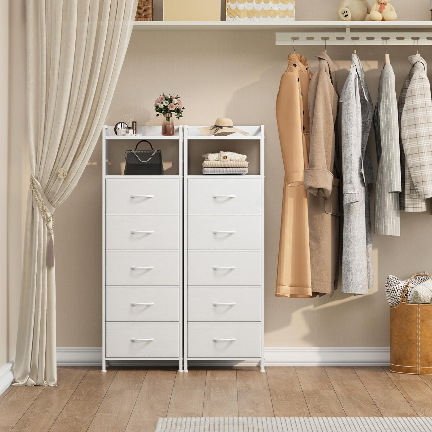 Somdot White Tall Night Stand for Bedroom,Tall 5 Drawers Dresser, Vertical Storage Tower Unit, Nightstand Furniture with Fabric Drawer Organizer in Bedside Kids Dorm Room Closet Laundry Entryway - Image 6