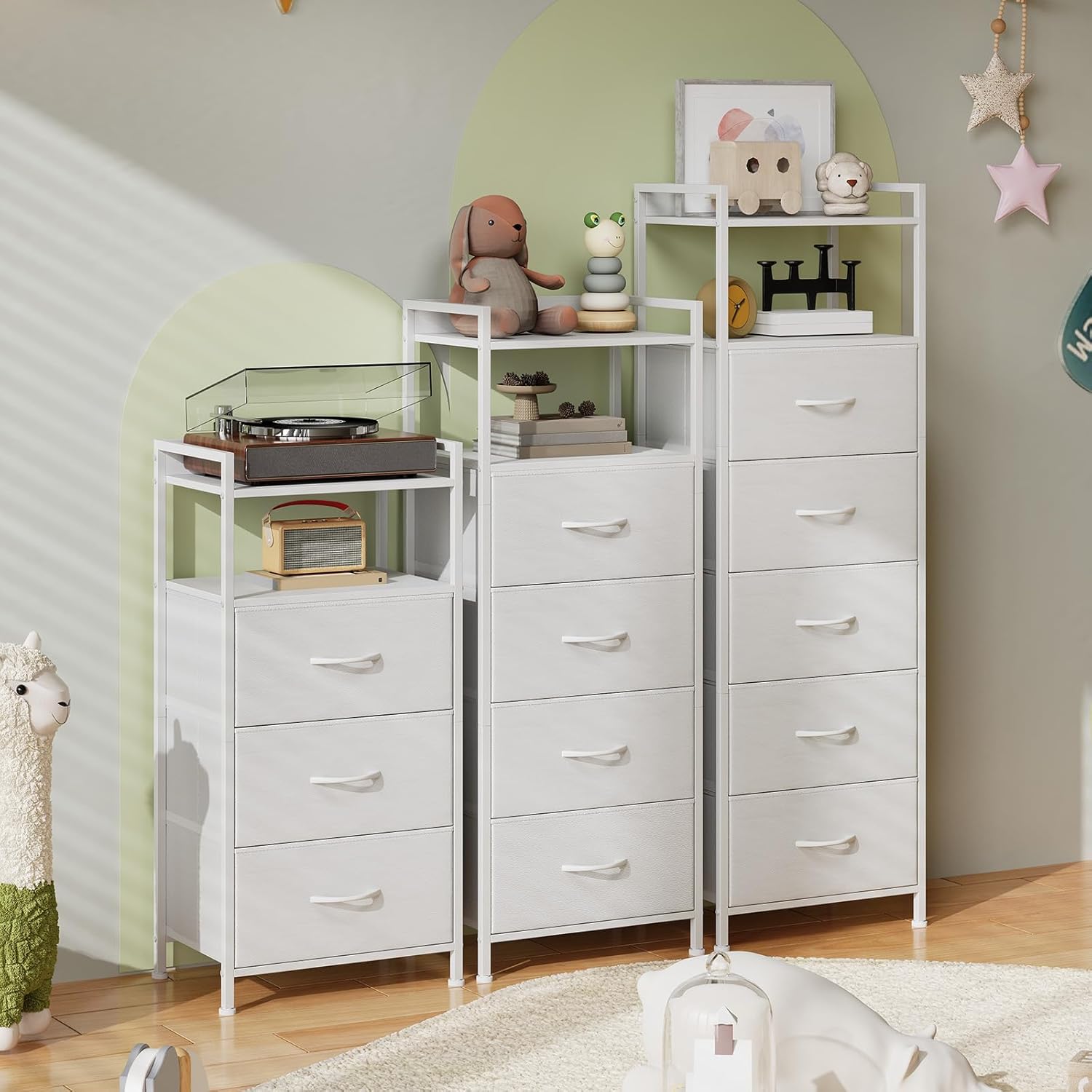 Somdot White Tall Night Stand for Bedroom,Tall 5 Drawers Dresser, Vertical Storage Tower Unit, Nightstand Furniture with Fabric Drawer Organizer in Bedside Kids Dorm Room Closet Laundry Entryway - Image 7