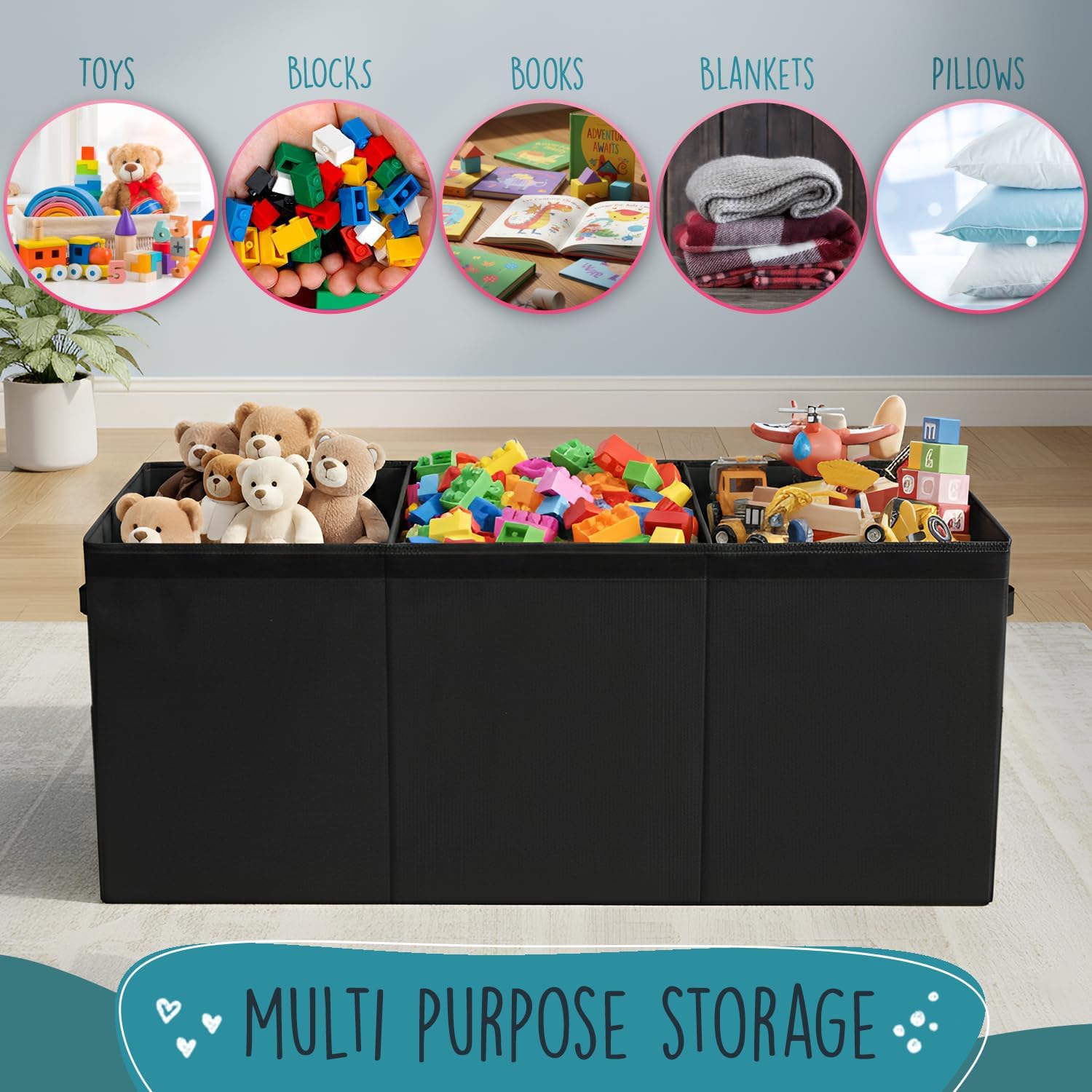 SoftOwl Extra Large Toy Storage Organizer with Lid - Sturdy, Collapsible Toy Chest Storage Box Design - Toys Bin with Dividers for Kids, Nursery, Bedroom, Playroom 37"x16"x14" - Image 3