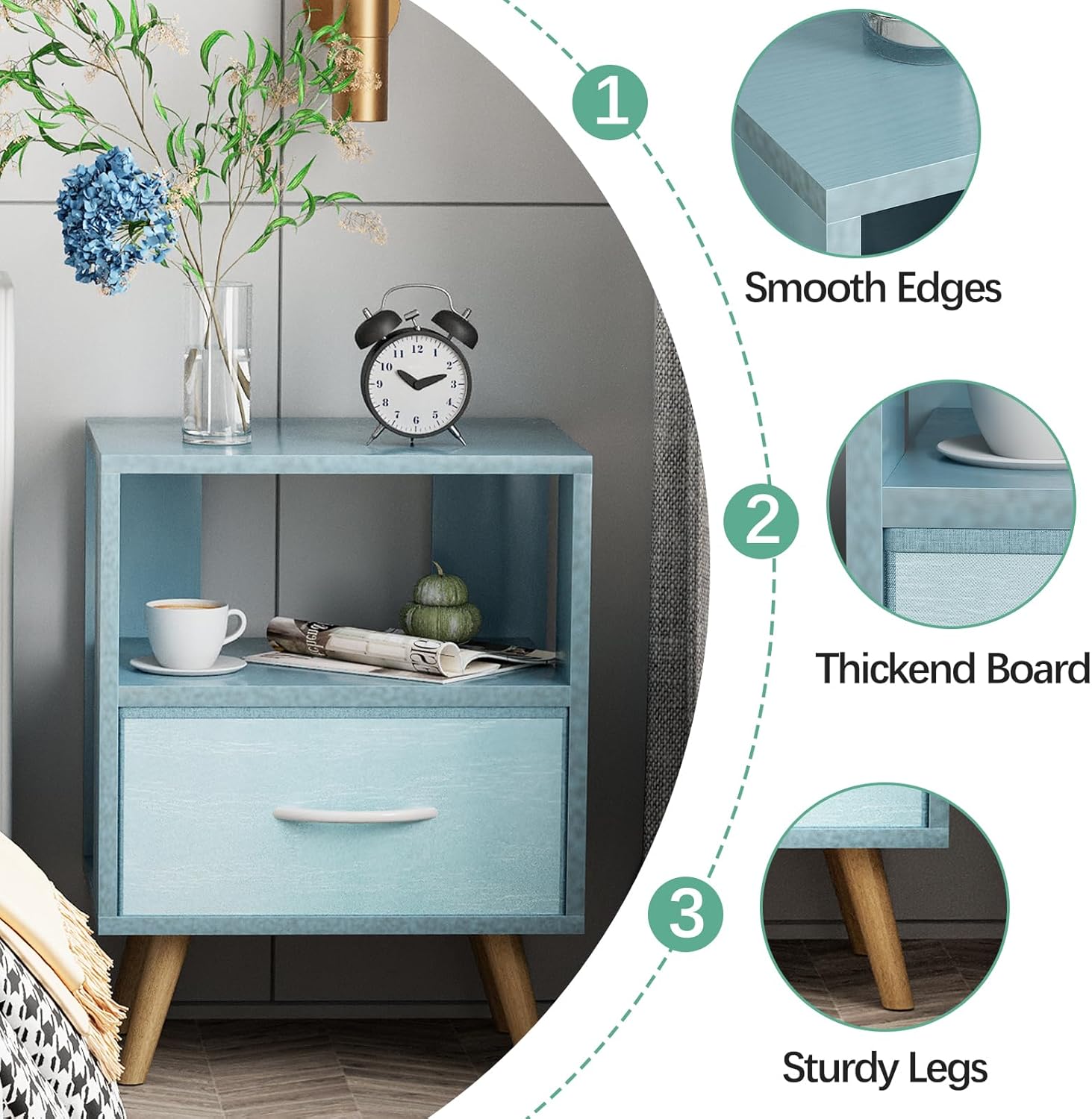 Alternative view of Aenuert Night Stand, Blue Kids Nightstand with Drawer, Nursery Side Table with Open Storage, 2-Tier Modern End Table, Bedside Table for Small Space, Living Room, Bedroom