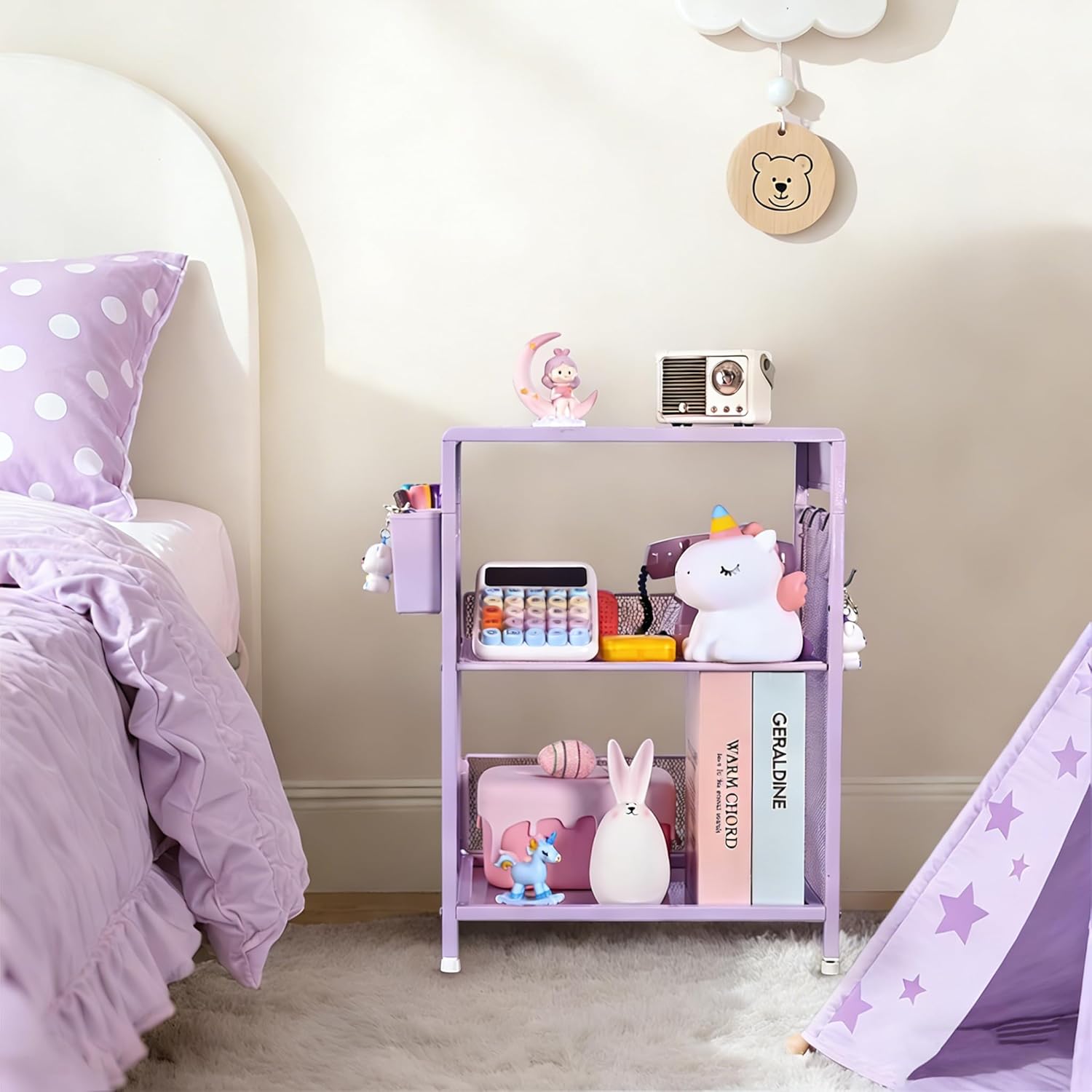 Gugsey Purple Nightstand, End Table with Hooks and Holder, Kids Nightstand for Bedroom, Toddler Bedside Table, Small Desk for Girls, Coffee Table for Living Room, Dorm, Office (Purple)