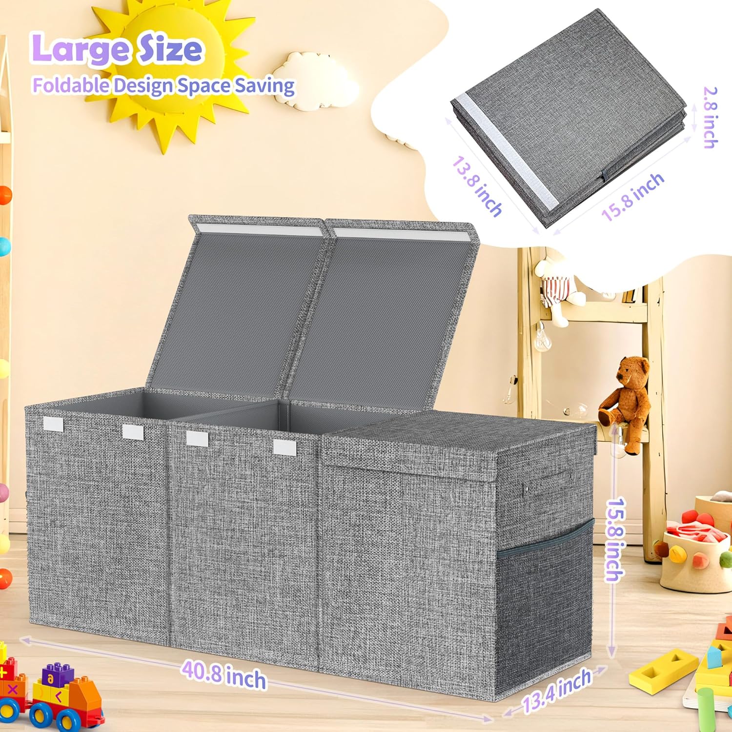 Mabahoo Extra Large Toy Box Chest with Lids, Collapsible Sturdy Kids Toy Storage Organizer Boxes for Boys Girls, 40"x14"x16", Toybox Storage Bins Basket for Living Room, Bedroom, Nursery, Gray