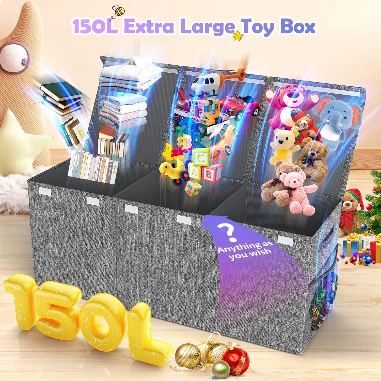Alternative view of Mabahoo Extra Large Toy Box Chest with Lids, Collapsible Sturdy Kids Toy Storage Organizer Boxes for Boys Girls, 40"x14"x16", Toybox Storage Bins Basket for Living Room, Bedroom, Nursery, Gray