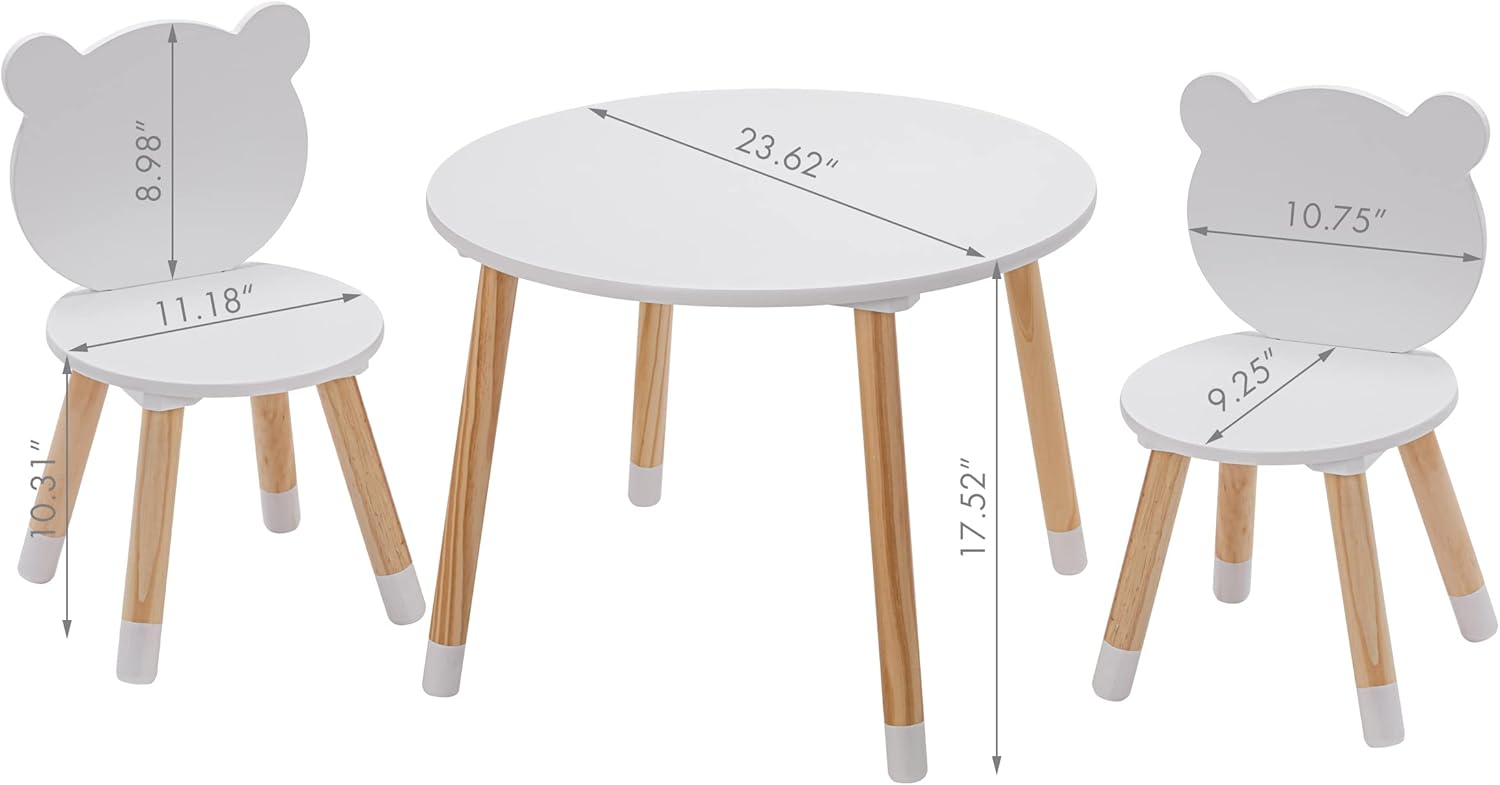 UTEX Kids Wood Table and Chair Set, Kids Play Table with 2 Chairs,3 Pieces Wood Round Table for Toddlers, Girls, Boys,White