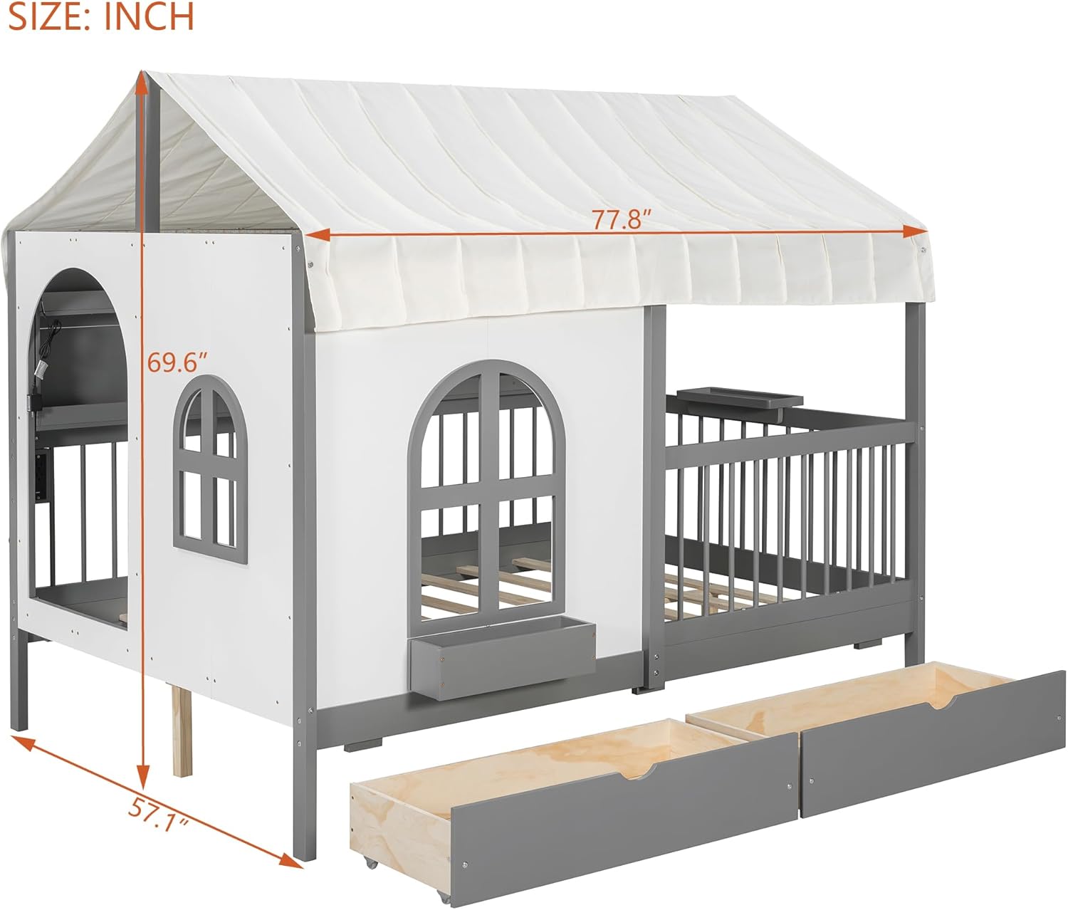Merax House Bed with 2 Large Drawers, Side Bookshelf with LED Strip, Full Size, Gray