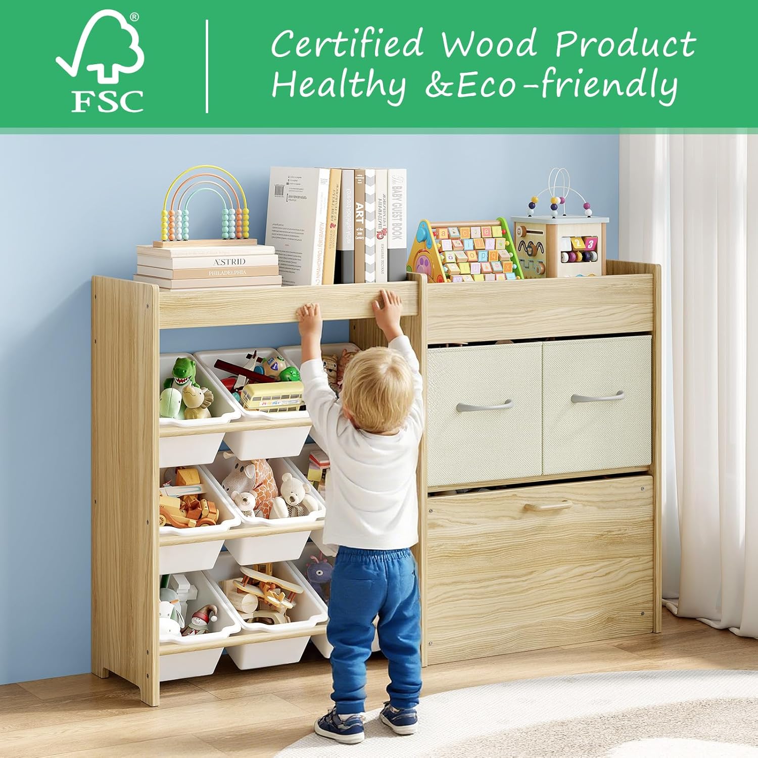 EXPERLAM Toy Storage Organizer for Kids, 9-Bin Toy Organizer with 2-Drawers, Movable Toy Chest and Top Rack, Multifunctional Kids Bookshelf and Toy Storage for Playroom, Bedroom, Nursery, White - Image 3