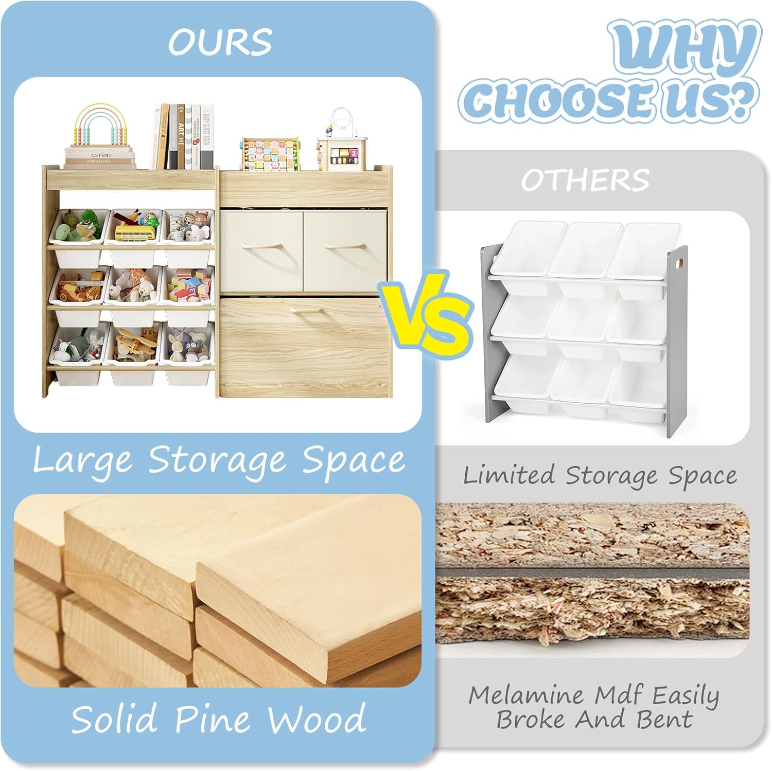 EXPERLAM Toy Storage Organizer for Kids, 9-Bin Toy Organizer with 2-Drawers, Movable Toy Chest and Top Rack, Multifunctional Kids Bookshelf and Toy Storage for Playroom, Bedroom, Nursery, White - Image 5