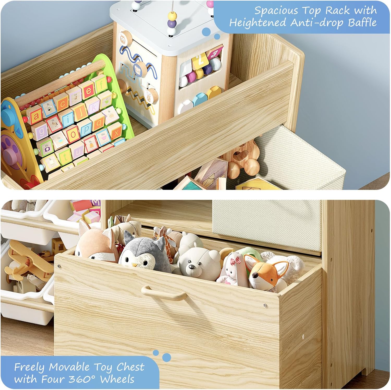 EXPERLAM Toy Storage Organizer for Kids, 9-Bin Toy Organizer with 2-Drawers, Movable Toy Chest and Top Rack, Multifunctional Kids Bookshelf and Toy Storage for Playroom, Bedroom, Nursery, White - Image 6