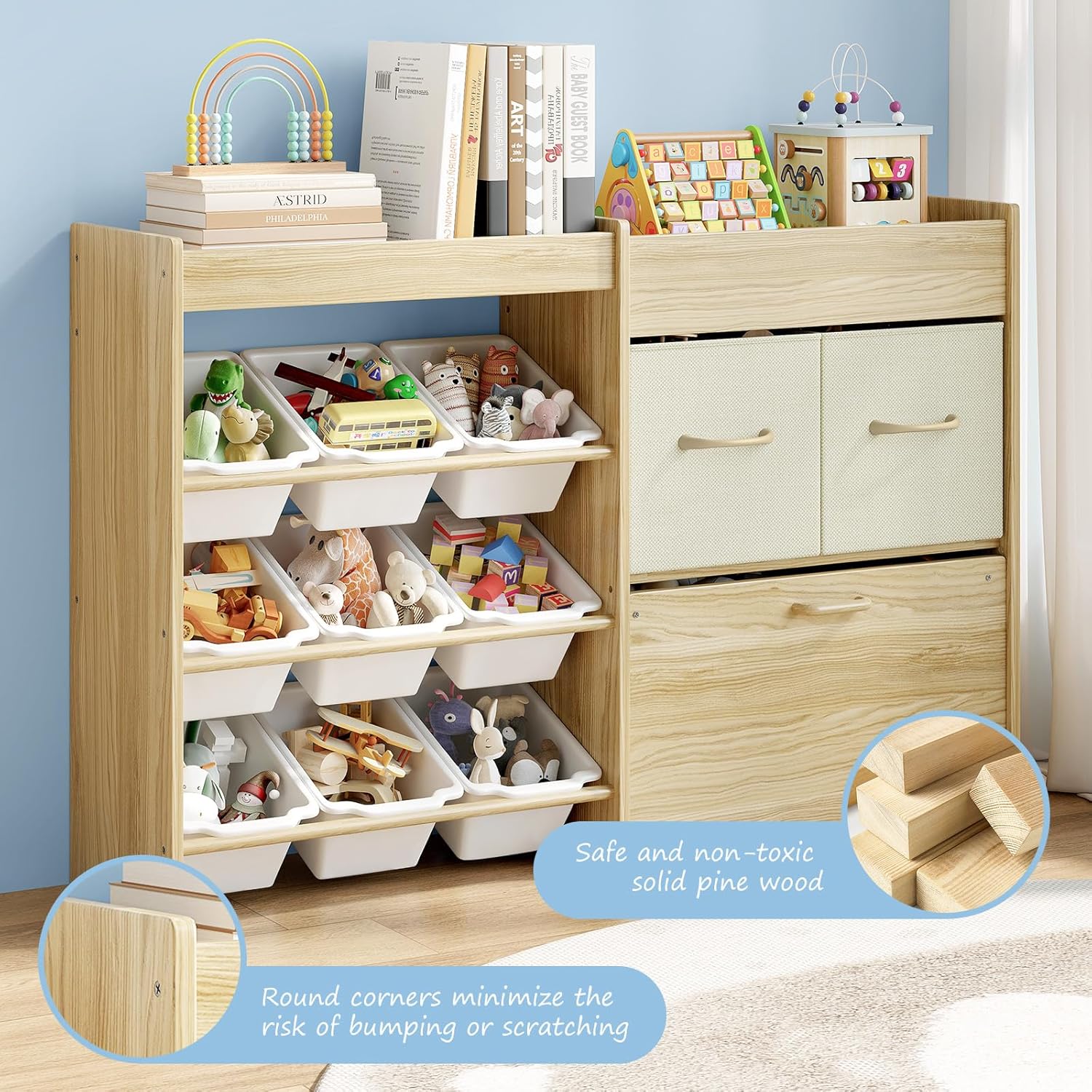 EXPERLAM Toy Storage Organizer for Kids, 9-Bin Toy Organizer with 2-Drawers, Movable Toy Chest and Top Rack, Multifunctional Kids Bookshelf and Toy Storage for Playroom, Bedroom, Nursery, White - Image 7