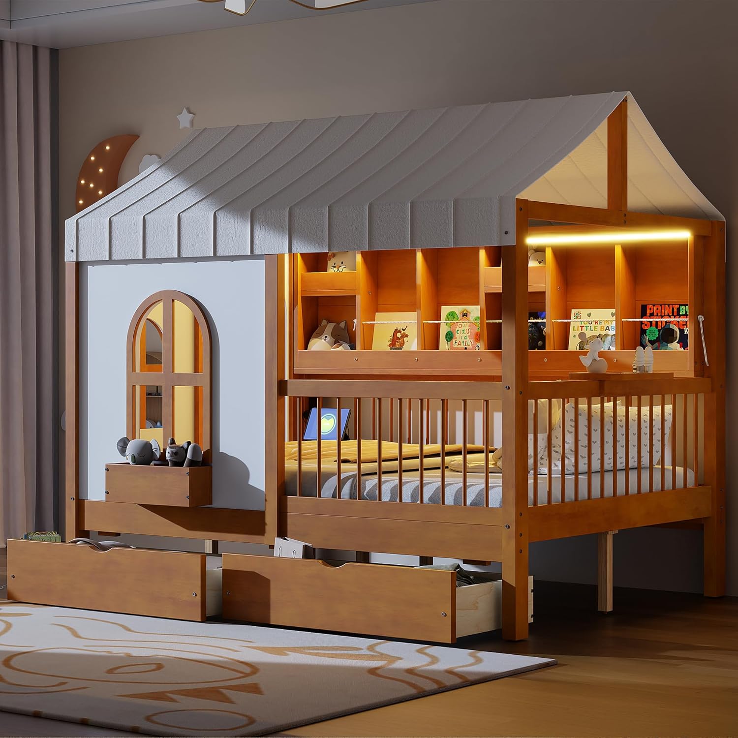 Merax House Bed with 2 Large Drawers, Side Bookshelf with LED Strip, Full Size, Gray - Image 9