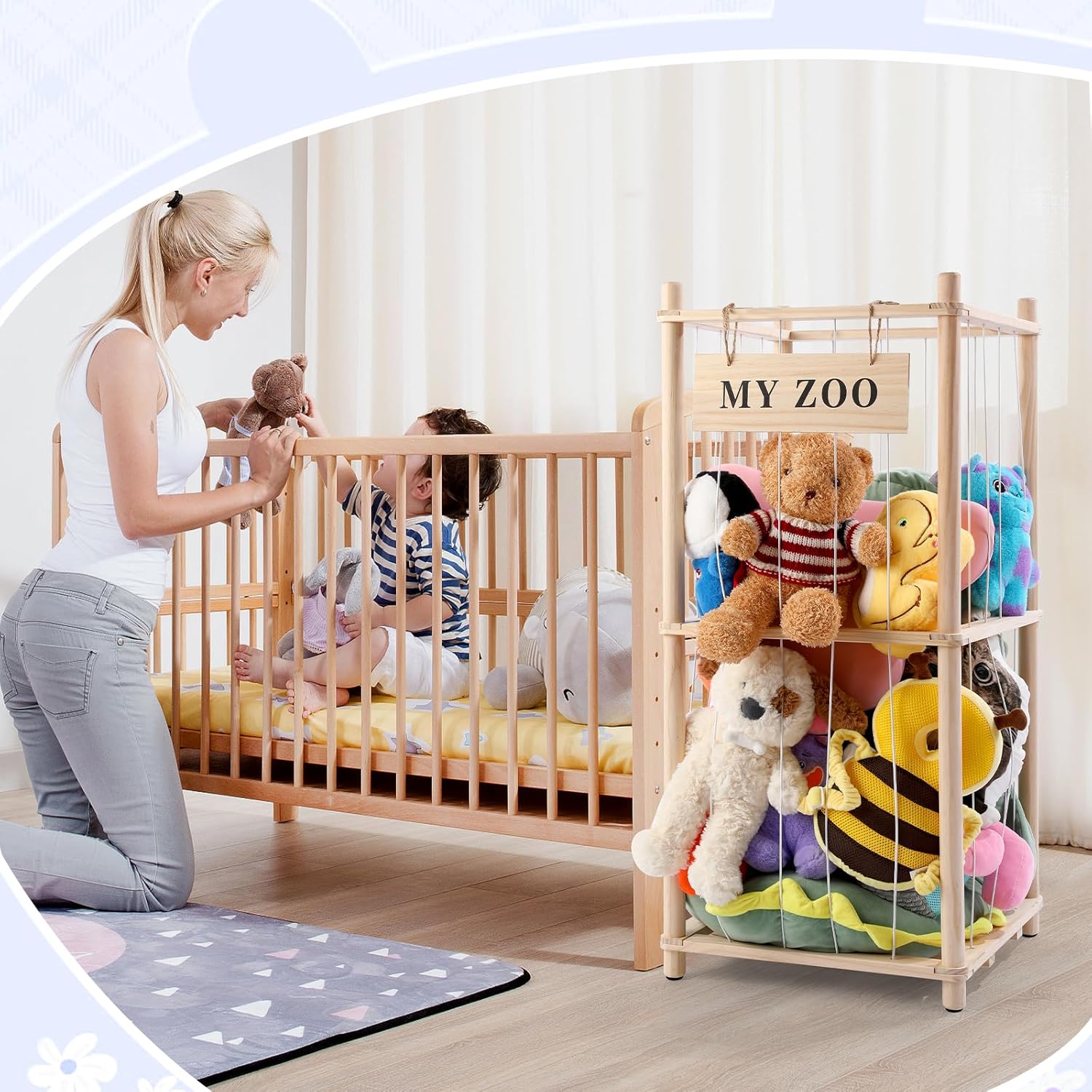 GLDZI Stuffed Animal Storage Zoo, Wooden Stuffed Animal Organizer with Elastic Cords for Boys Girls, Space Saving Toy Plushies Storage Holder for Playroom, Bedroom, Living Room (Burlywood, Small)