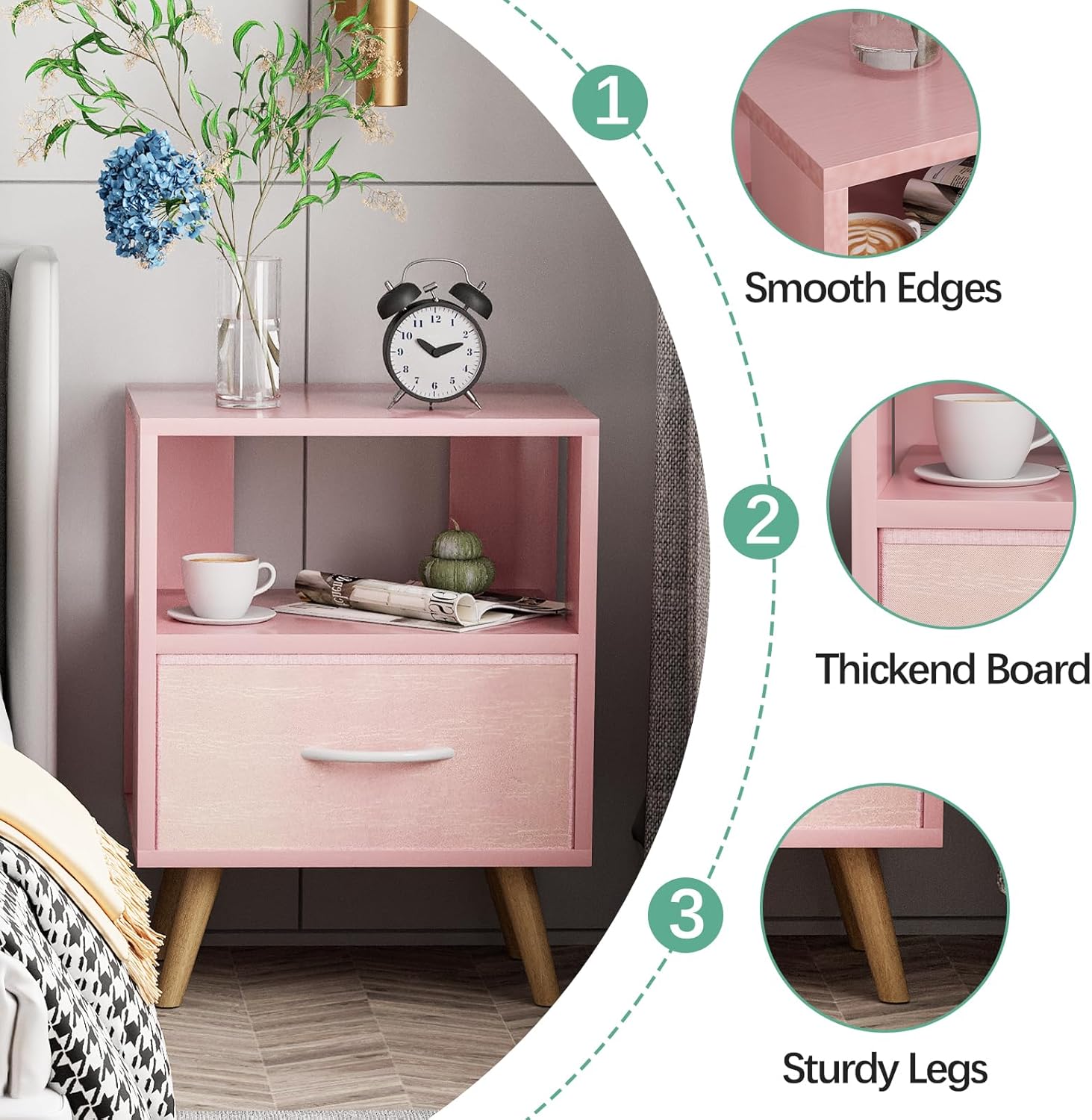Alternative view of Aenuert Night Stand, Pink Kids Nightstand with Drawer, Nursery Side Table with Open Storage, 2-Tier Modern End Table, Bedside Table for Small Space, Living Room, Bedroom