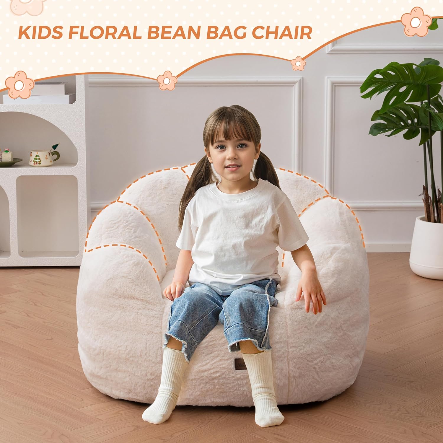 Alternative view of MAXYOYO Kids Bean Bag Chair, Floral Shaped Bean Bag Sofa, Plush Faux Fur Toddler Couch with Petal Backrest for Boys Girls, Stuffed Cozy Sofa for Nursery, Bedroom, Beige