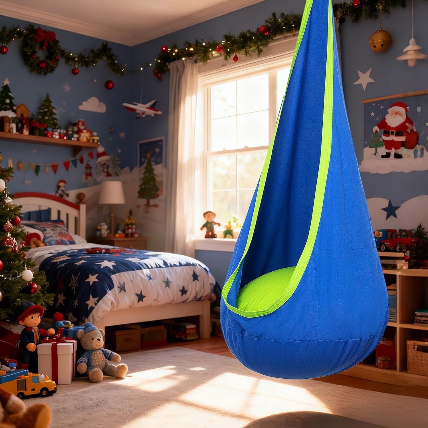 Y- STOP Kids Pod Swing Seat, Hanging Hammock Chair Swing with Inflatable Pillow, Sensory Swing Chair with Pocket for Outdoor and Indoor (Blue and Green)