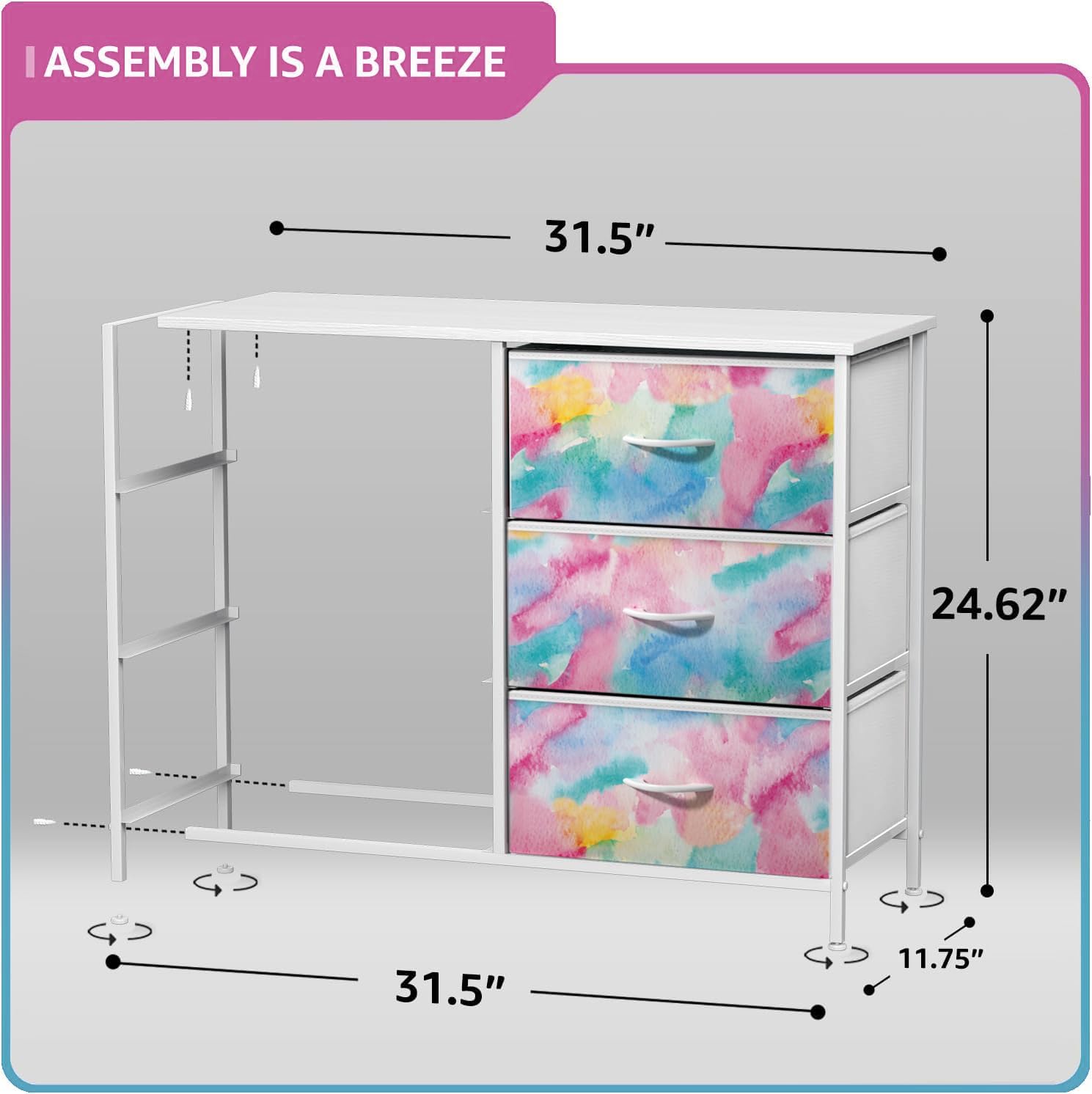 Alternative view of Sorbus Kids Dresser with 6 Drawers - Storage Chest Organizer Nightstand - Steel Frame, Wood Top, Tie-Dye Fabric Bins for Clothes - Wide Furniture for Bedroom, Hallway, Nursery, Closet, & Apartment