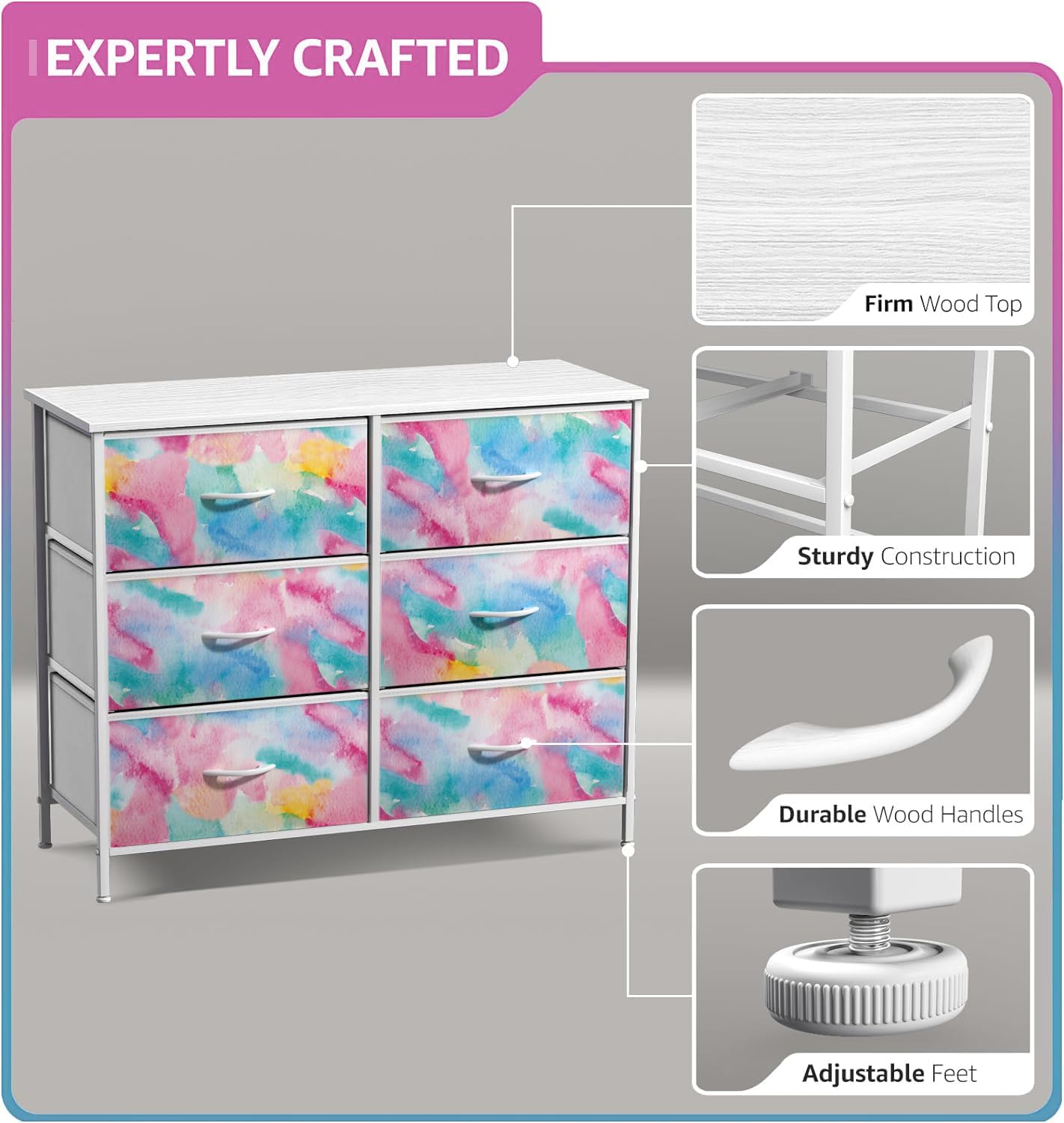 Sorbus Kids Dresser with 6 Drawers - Storage Chest Organizer Nightstand - Steel Frame, Wood Top, Tie-Dye Fabric Bins for Clothes - Wide Furniture for Bedroom, Hallway, Nursery, Closet, & Apartment - Image 3