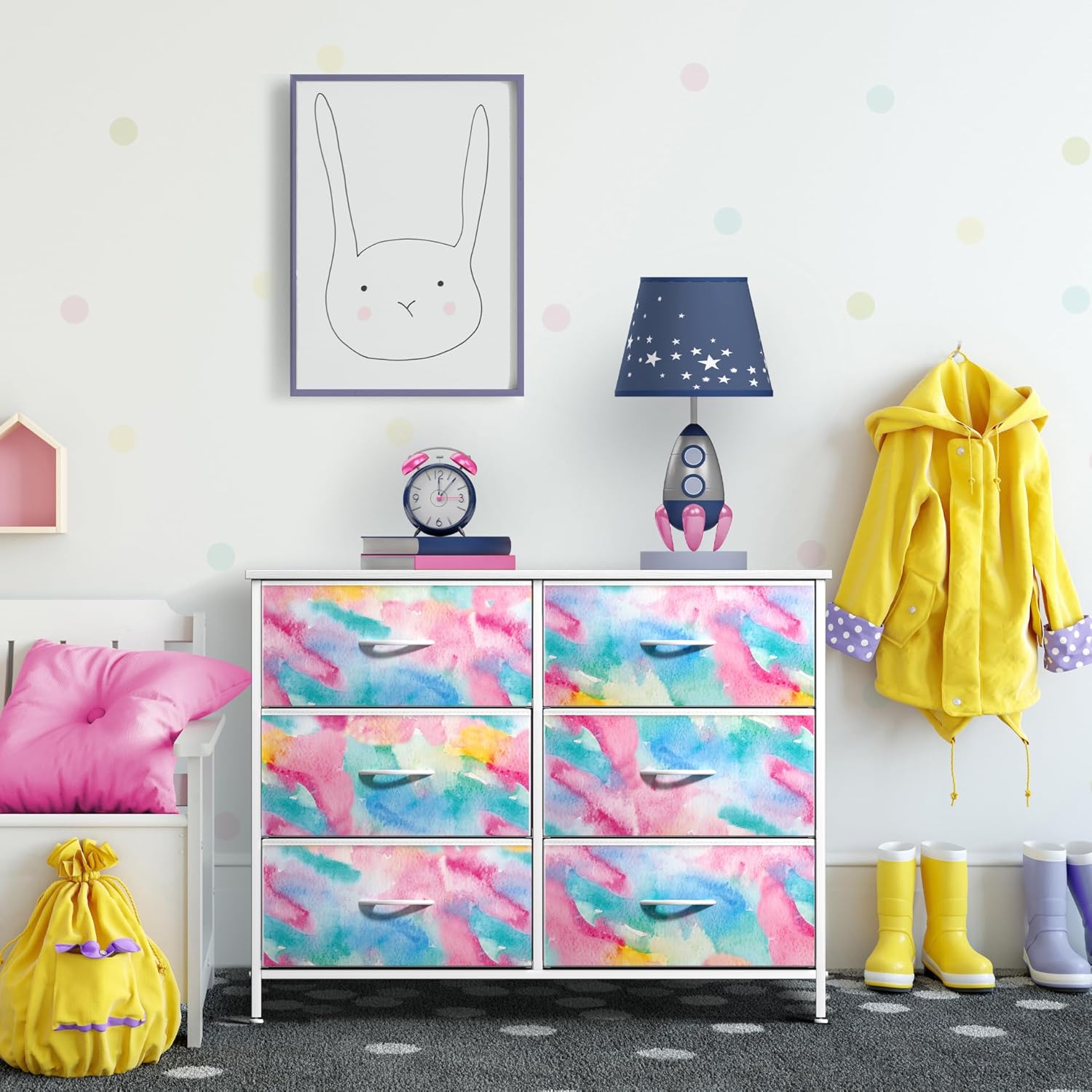 Sorbus Kids Dresser with 6 Drawers - Storage Chest Organizer Nightstand - Steel Frame, Wood Top, Tie-Dye Fabric Bins for Clothes - Wide Furniture for Bedroom, Hallway, Nursery, Closet, & Apartment - Image 5
