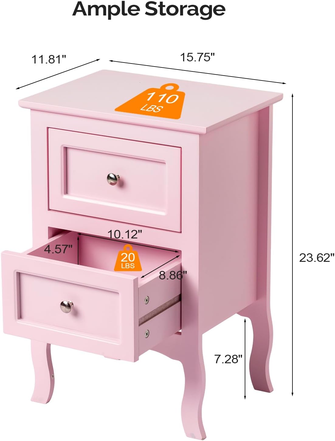 Bonnlo Nightstand Set of 2, Nightstands with 2 Drawers, Bed Side Table/Night Stand, Pink Nightstand, Small Nightstand for Bedroom, College Dorm, Kidsu2019 Room, Living Room, Wood, 16W x 12D x 24H