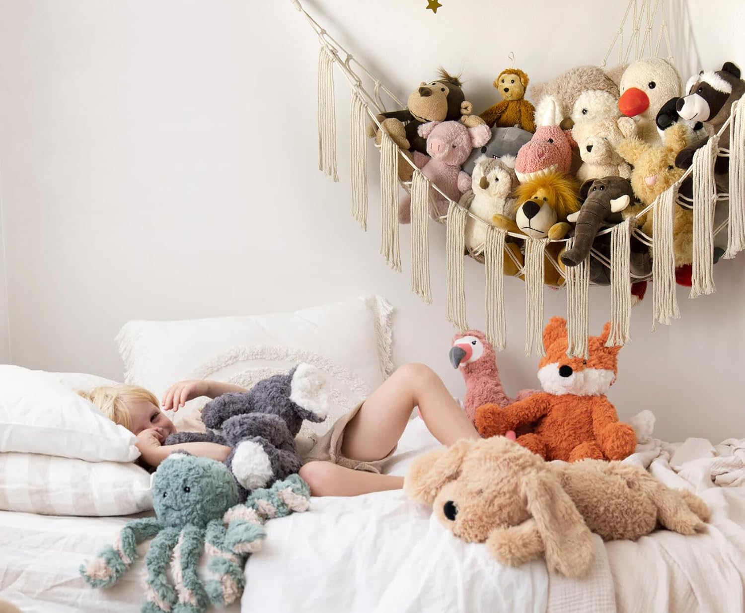 Stuffed Animal Storage Hammock Corner X-Large with LED Light - Baby Hammock Hanging Holder Plushies Net for Stuff Animals Organizer - Cute Room Decor Aesthetic Kids Toddler Nursery Bedroom Boho