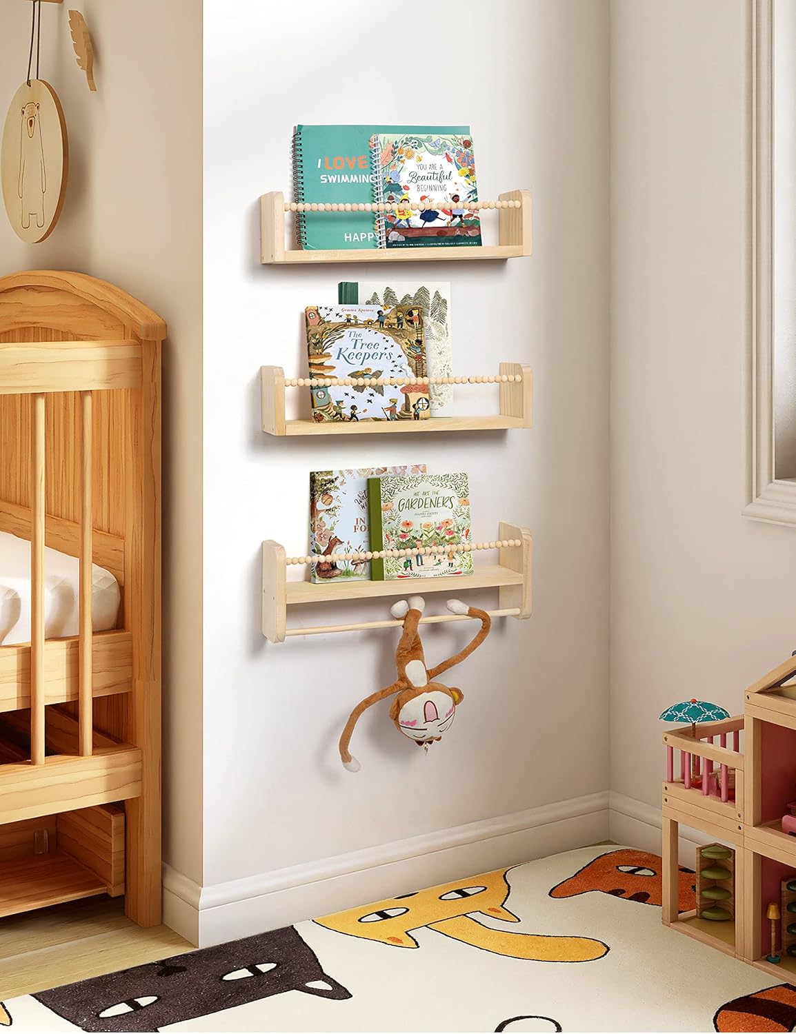 Maxpeuvon Nursery Floating Shelves for Wall, Set of 3 Book Shelves Natural Wood Wall Mounted Organizer with Towel Bar Hanging Bookshelves Nursery Decor for Kids Room, Bedroom and Kitchen