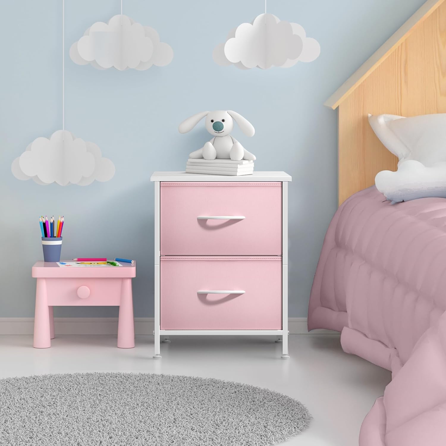 Sorbus Nightstand with 2 Drawers - Kids Bedside Furniture End Table Night Stand - Steel Frame, Wood Top & Easy Pull Fabric Bins - Dresser & Chest for Home, Bedroom Accessories, Office & College Dorm