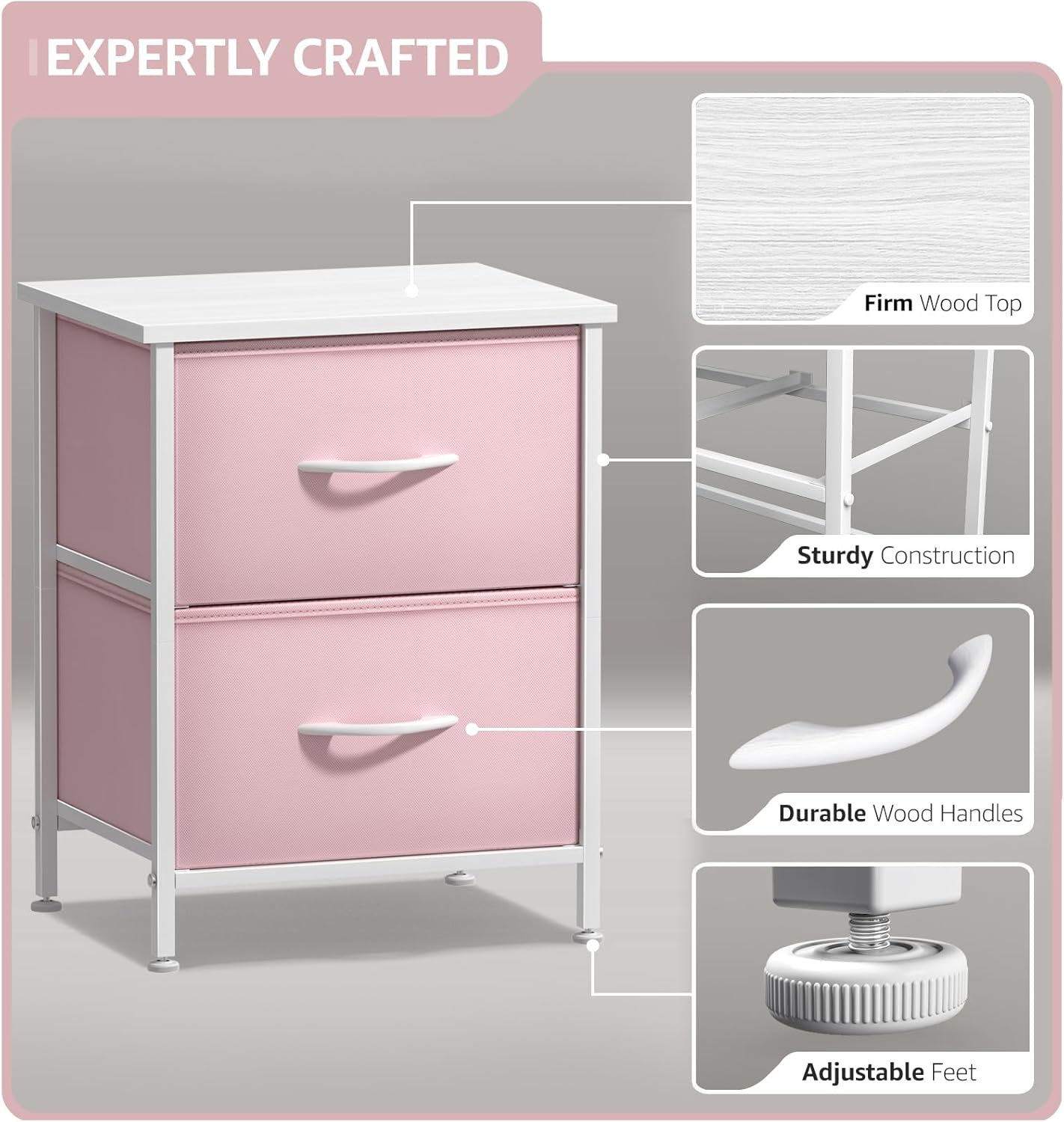 Sorbus Nightstand with 2 Drawers - Kids Bedside Furniture End Table Night Stand - Steel Frame, Wood Top & Easy Pull Fabric Bins - Dresser & Chest for Home, Bedroom Accessories, Office & College Dorm - Image 3