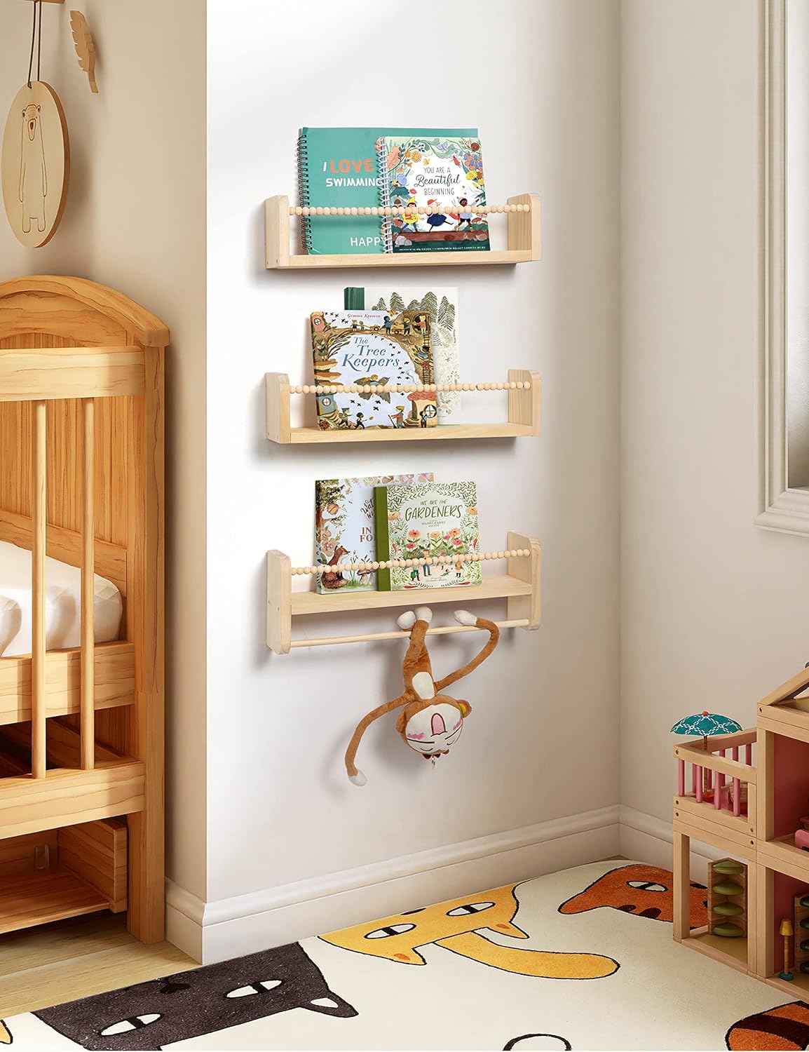 Maxpeuvon Nursery Floating Shelves for Wall, Set of 3 Book Shelves Natural Wood Wall Mounted Organizer with Towel Bar Hanging Bookshelves Nursery Decor for Kids Room, Bedroom and Kitchen