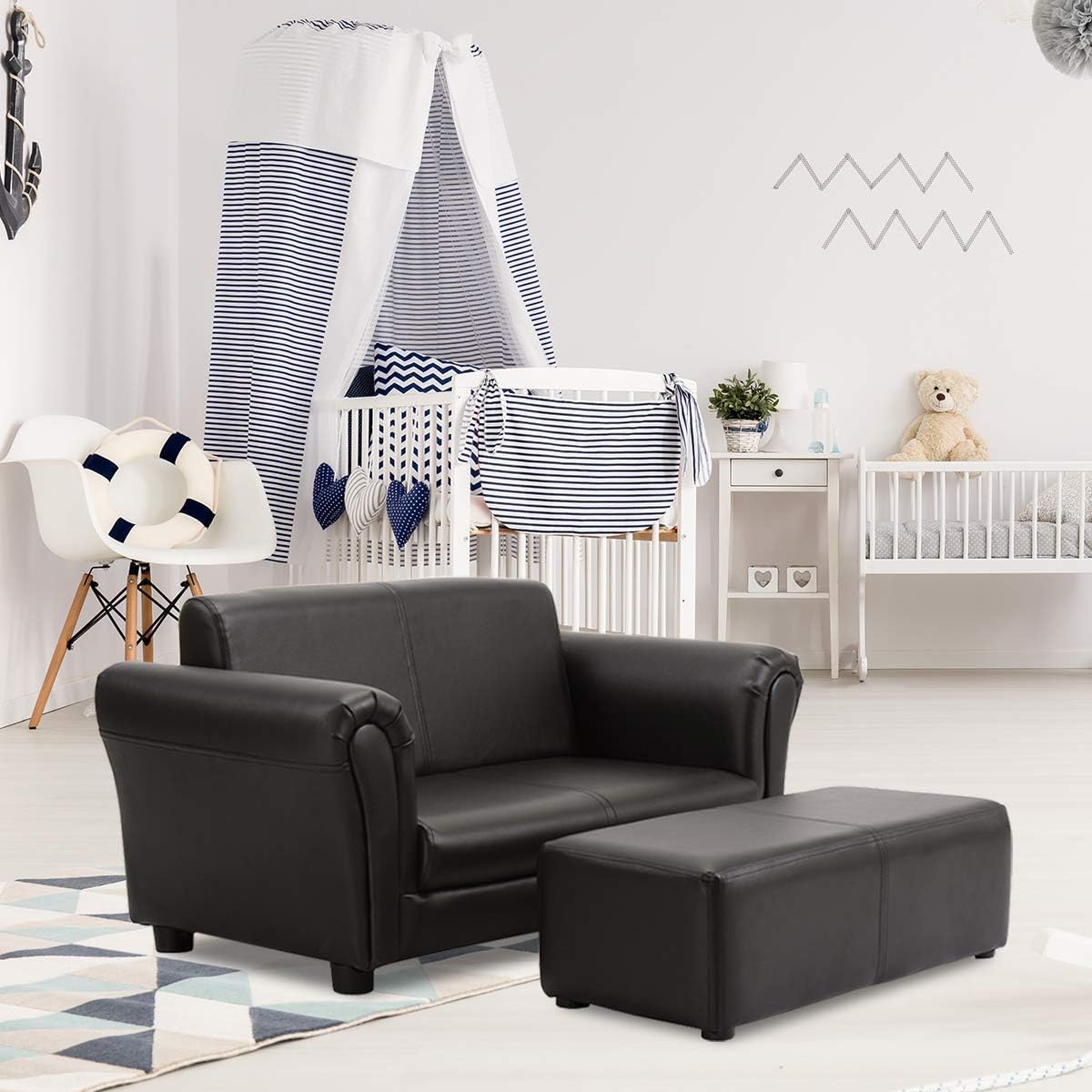 Costzon Kids Couch with Footstool, 2 in 1 Double Seat Children's Sofa w/PU Leather Surface, Armrest Chair Lounge, Soft Kids Sofa for Preschool Bedroom Kids Room Toddlers Boys Girls Birthday (Black)