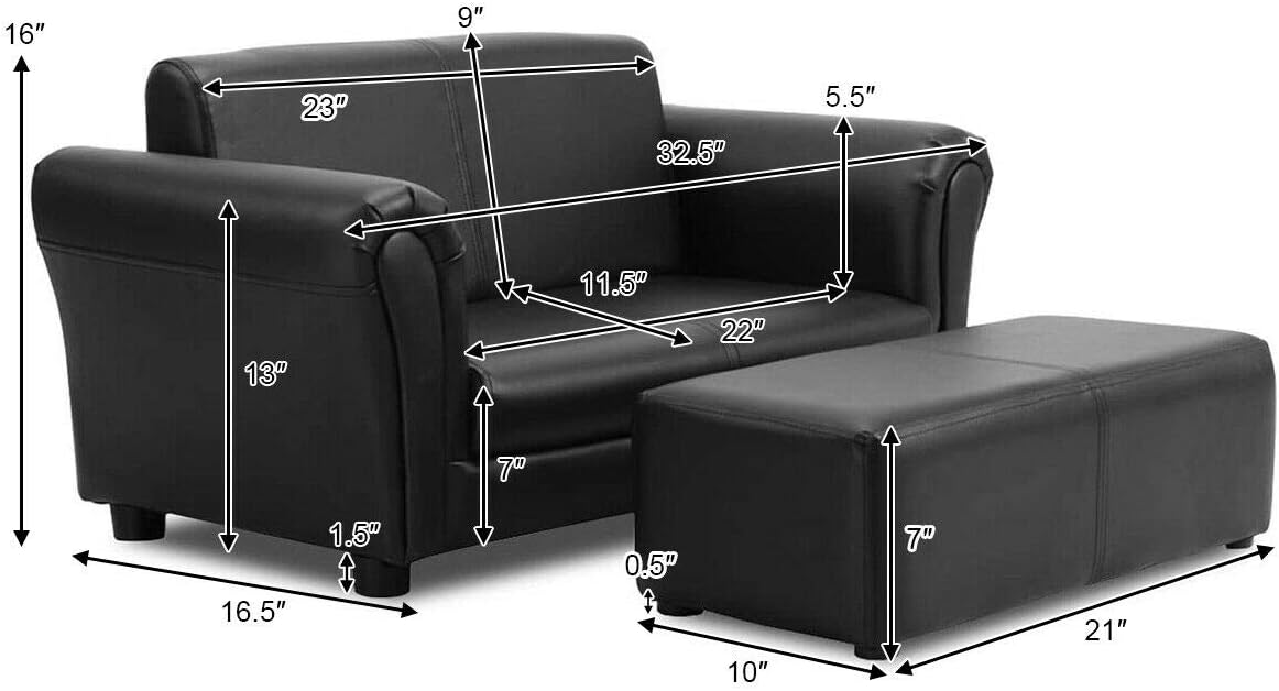Alternative view of Costzon Kids Couch with Footstool, 2 in 1 Double Seat Children's Sofa w/PU Leather Surface, Armrest Chair Lounge, Soft Kids Sofa for Preschool Bedroom Kids Room Toddlers Boys Girls Birthday (Black)