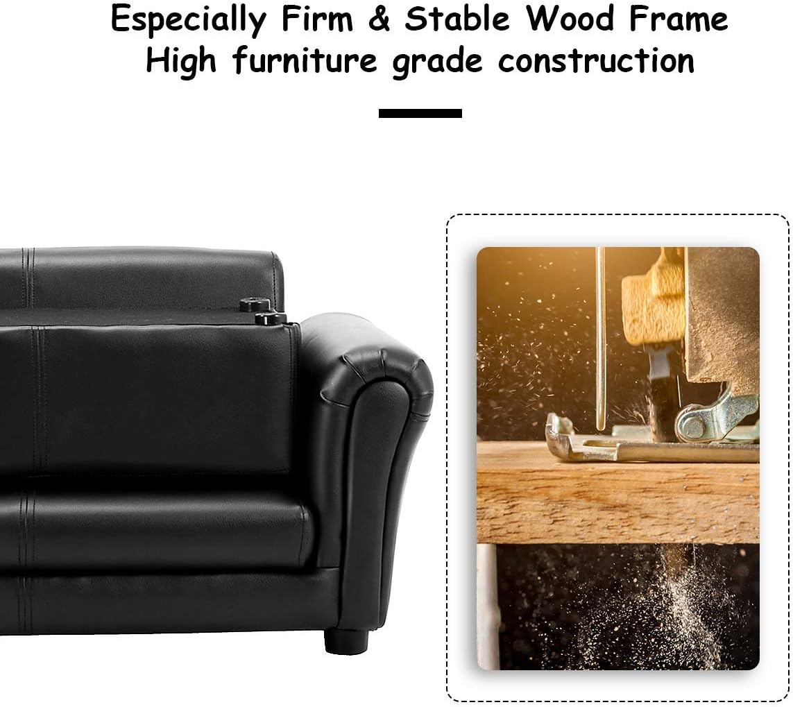 Costzon Kids Couch with Footstool, 2 in 1 Double Seat Children's Sofa w/PU Leather Surface, Armrest Chair Lounge, Soft Kids Sofa for Preschool Bedroom Kids Room Toddlers Boys Girls Birthday (Black) - Image 3