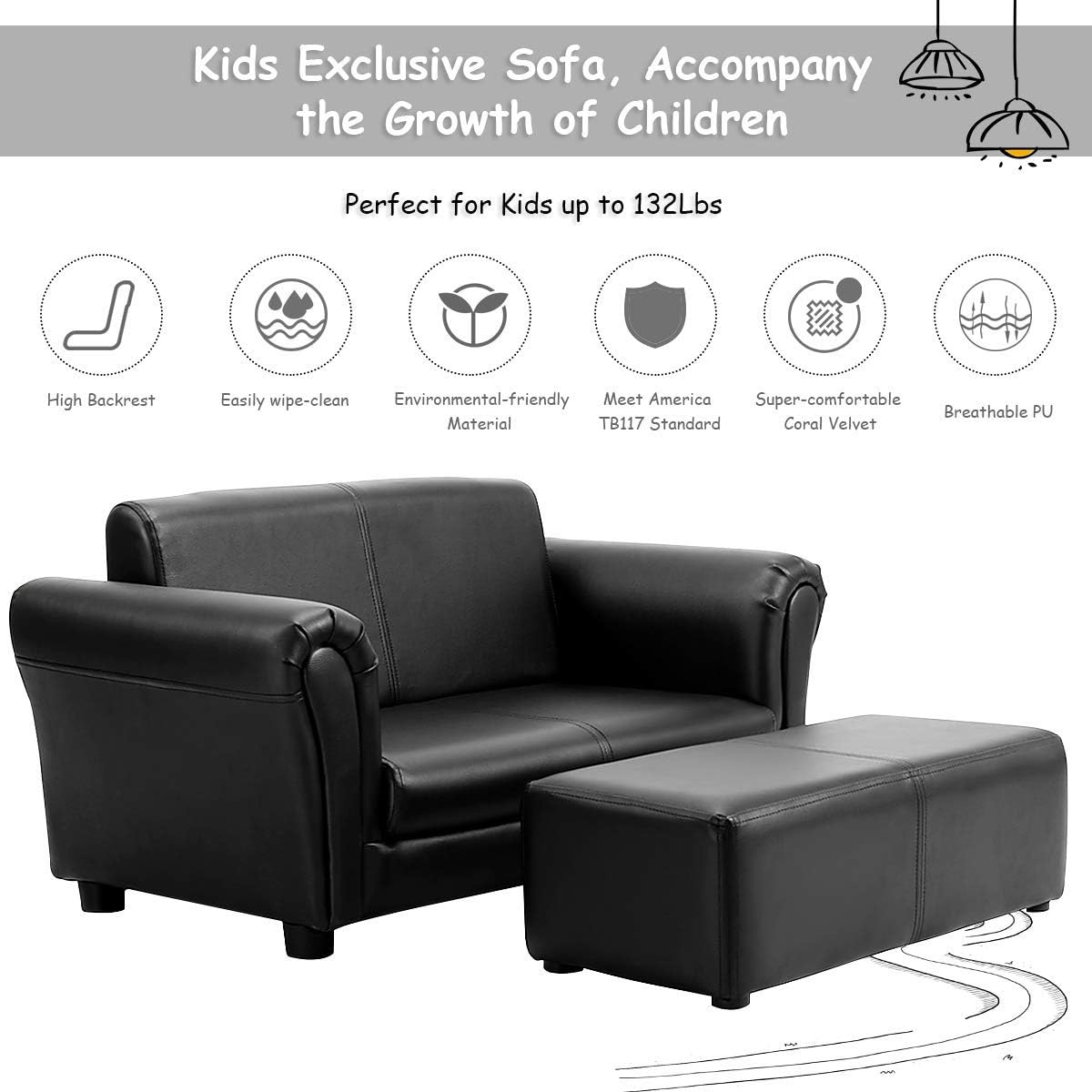 Costzon Kids Couch with Footstool, 2 in 1 Double Seat Children's Sofa w/PU Leather Surface, Armrest Chair Lounge, Soft Kids Sofa for Preschool Bedroom Kids Room Toddlers Boys Girls Birthday (Black) - Image 4