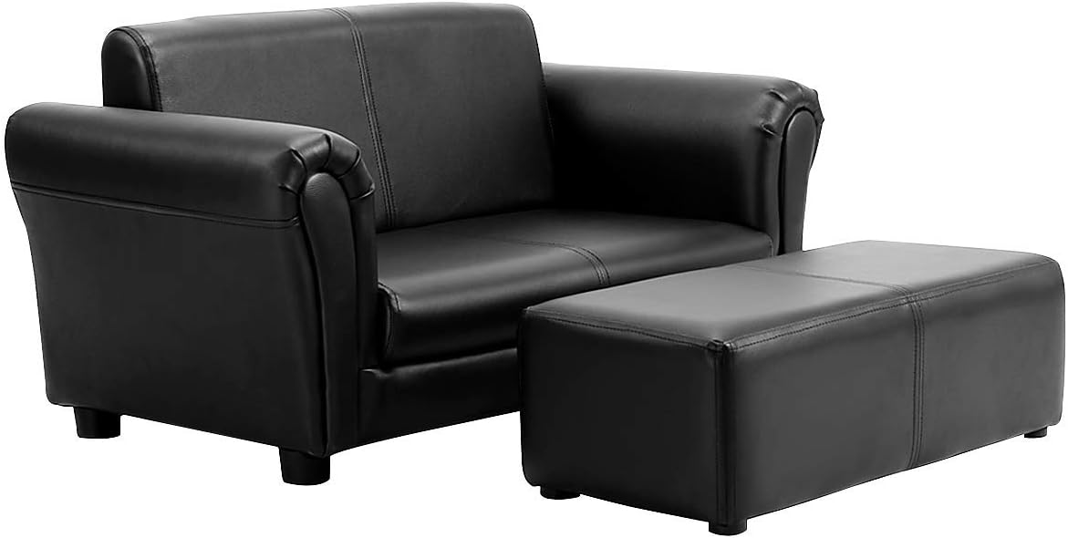 Costzon Kids Couch with Footstool, 2 in 1 Double Seat Children's Sofa w/PU Leather Surface, Armrest Chair Lounge, Soft Kids Sofa for Preschool Bedroom Kids Room Toddlers Boys Girls Birthday (Black) - Image 7