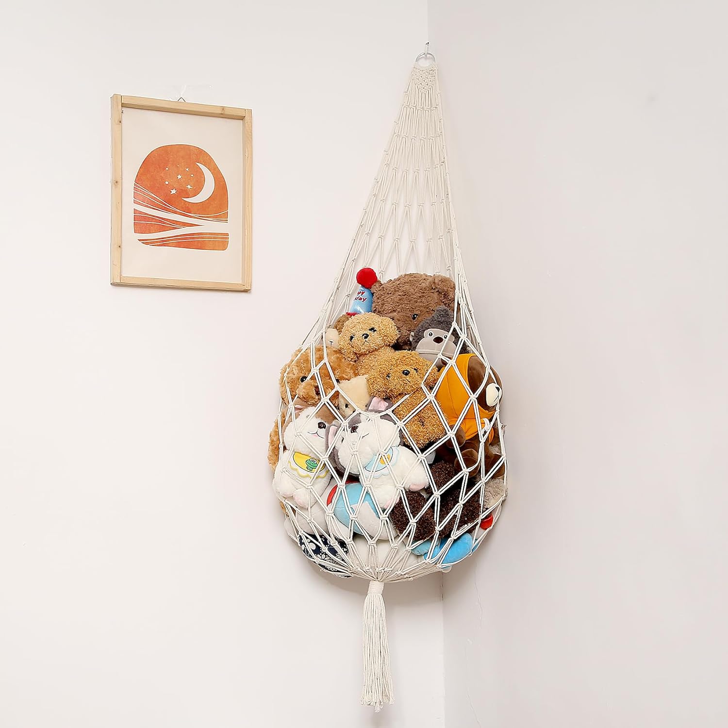 Amdermi Stuffed Animal Storage Organizers Corner Hanging Ne 60" L Stuffy Animal Hammock Macrame Toy Display Plush Toy Holder Wall, Kid Bedroom Decor Boho Nursery Playroom Organizer 60" L (Cream)