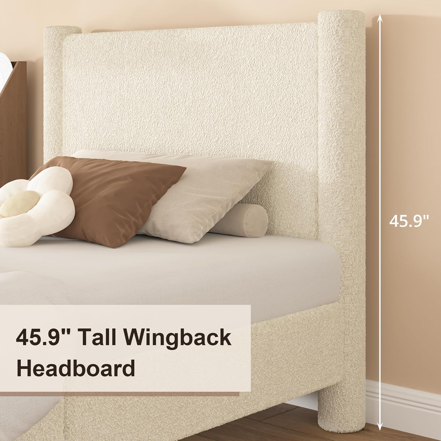 REVOMINCA Twin Size Bed Frame, Boucle Upholstered Platform Bed with Headboard and Footboard, Soft Rounded Corners, No Box Spring Required, Easy Assembly, Cream - Image 4