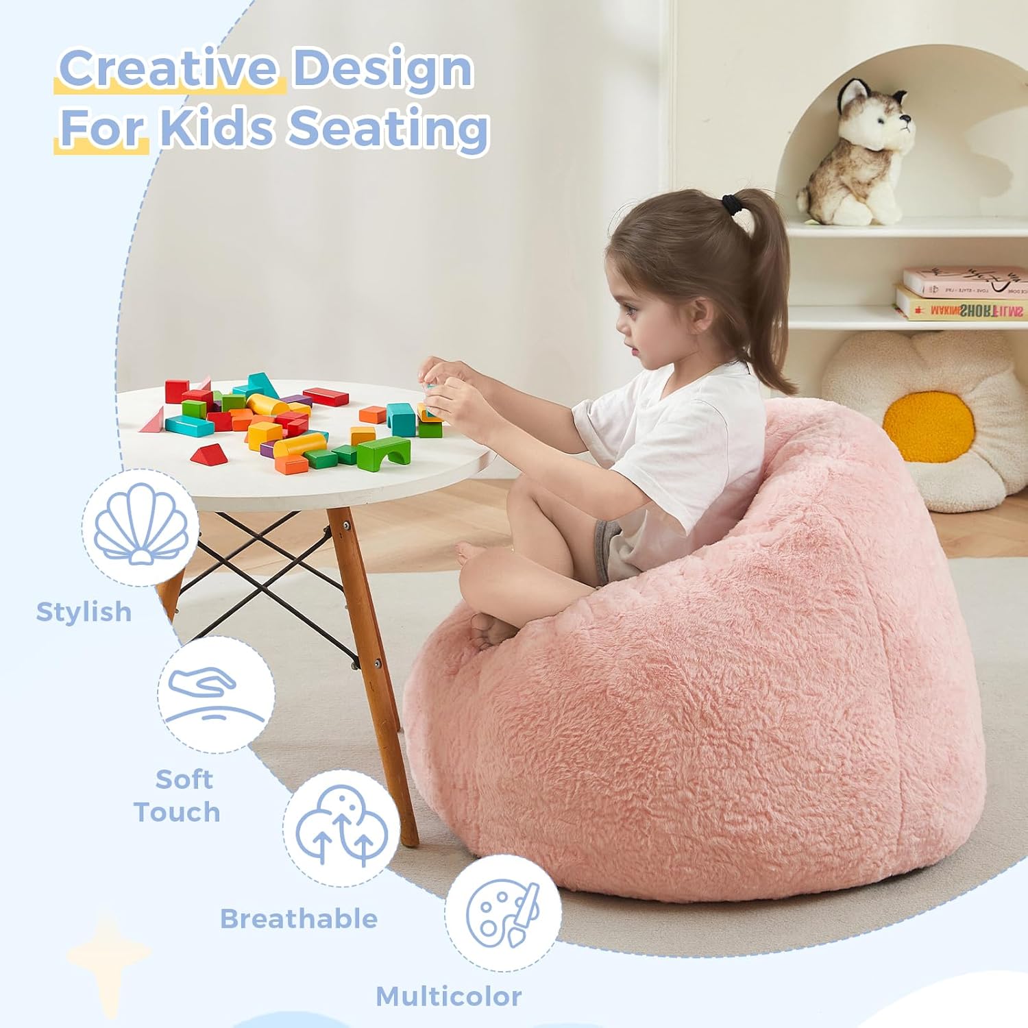 MAXYOYO Bean Bag Chair for Kids, Shell Shaped Bean Bag Couch for Boys and Girls, Toddler Chair Bean Bag Sofa for Playroom, Nursery Room, Pink - Image 3