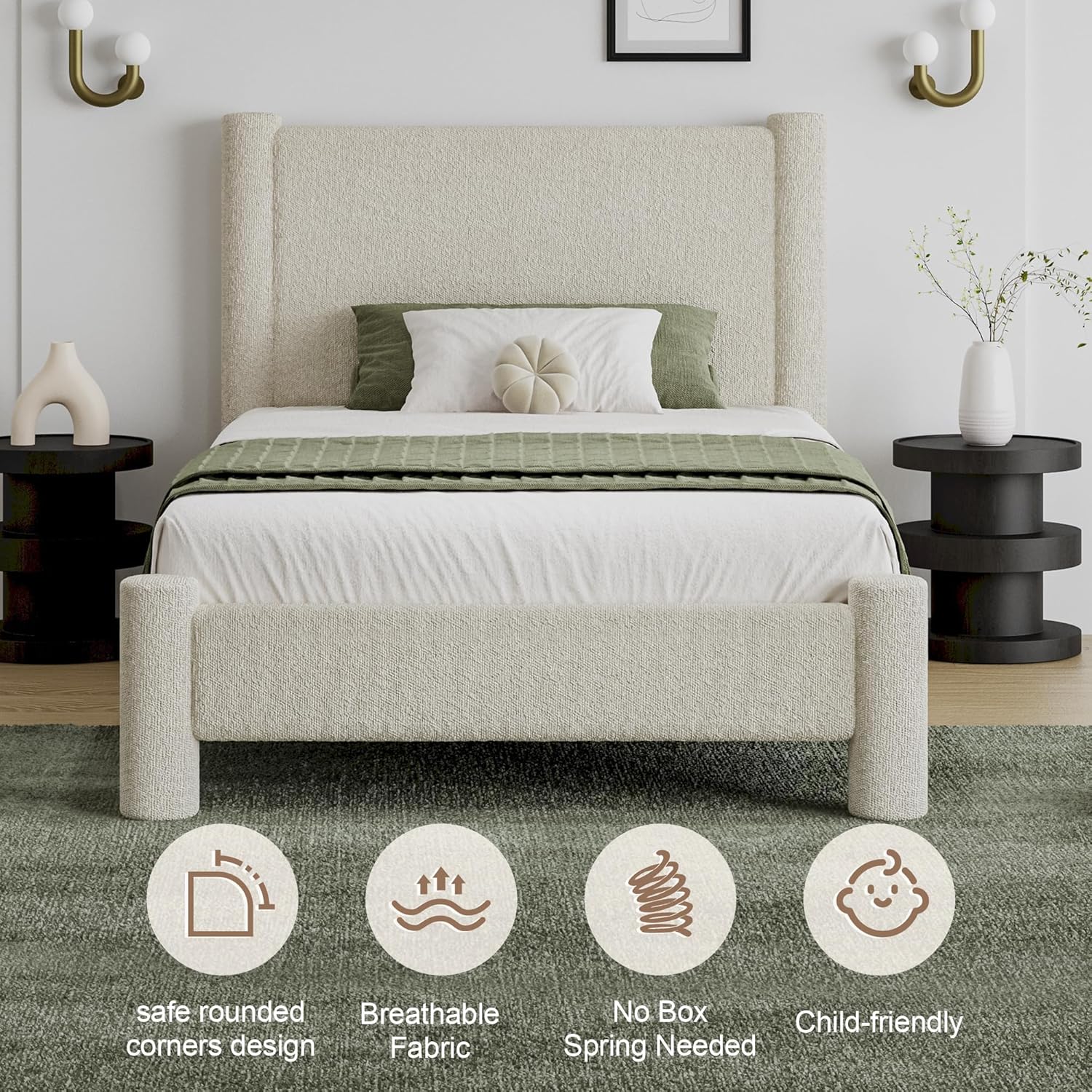 REVOMINCA Twin Size Bed Frame, Boucle Upholstered Platform Bed with Headboard and Footboard, Soft Rounded Corners, No Box Spring Required, Easy Assembly, Cream - Image 6