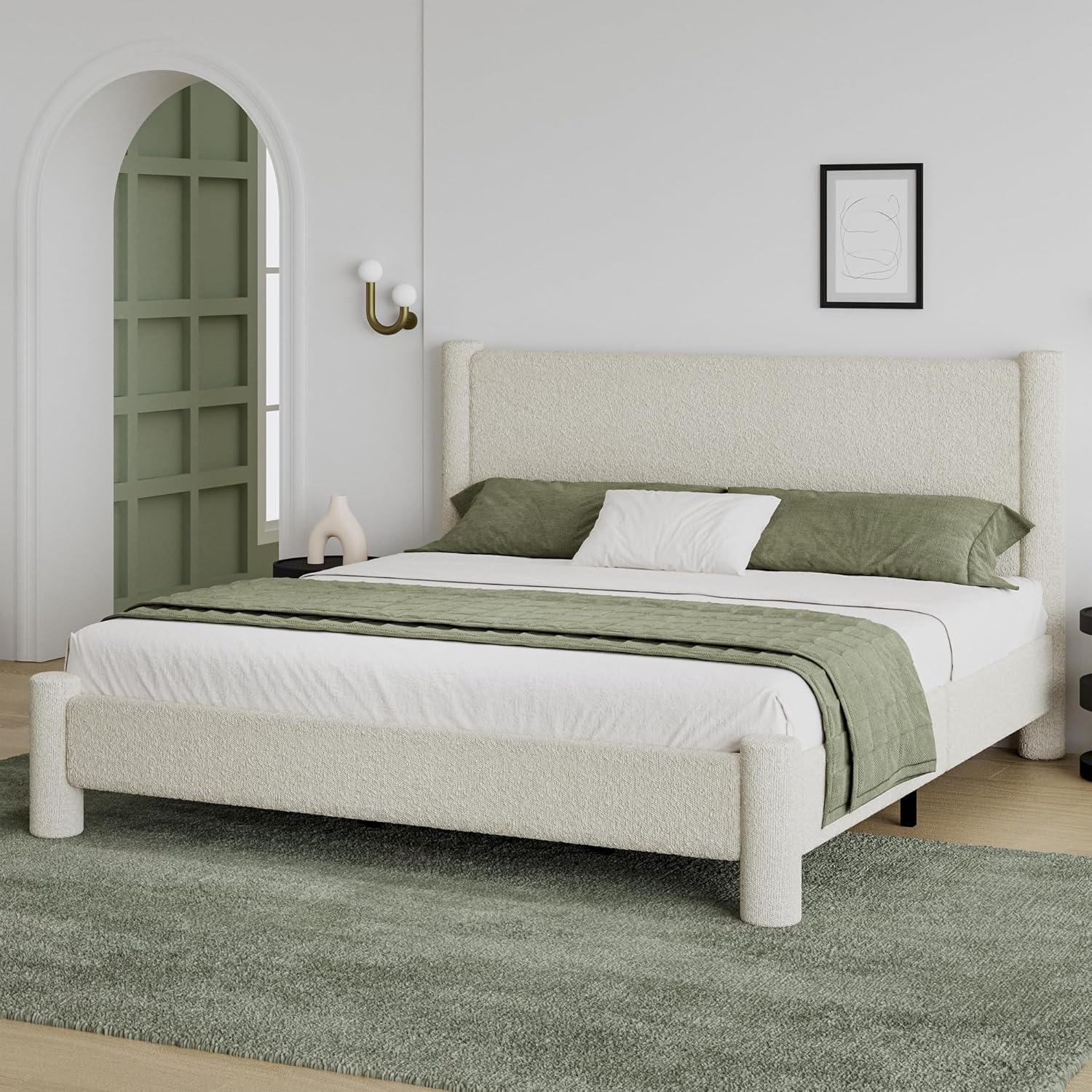 REVOMINCA Twin Size Bed Frame, Boucle Upholstered Platform Bed with Headboard and Footboard, Soft Rounded Corners, No Box Spring Required, Easy Assembly, Cream - Image 8