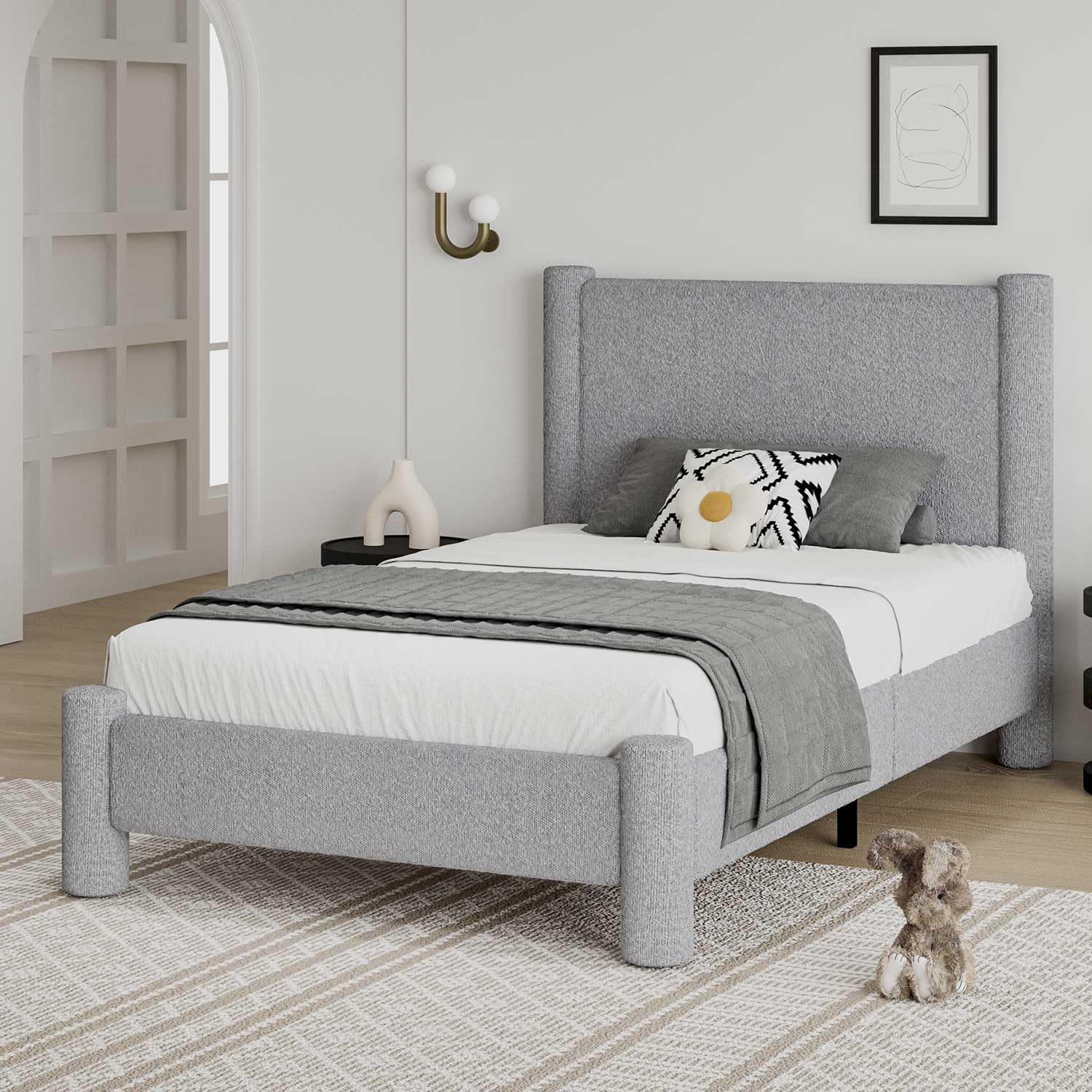 REVOMINCA Twin Size Bed Frame, Boucle Upholstered Platform Bed with Headboard and Footboard, Soft Rounded Corners, No Box Spring Required, Easy Assembly, Cream - Image 9