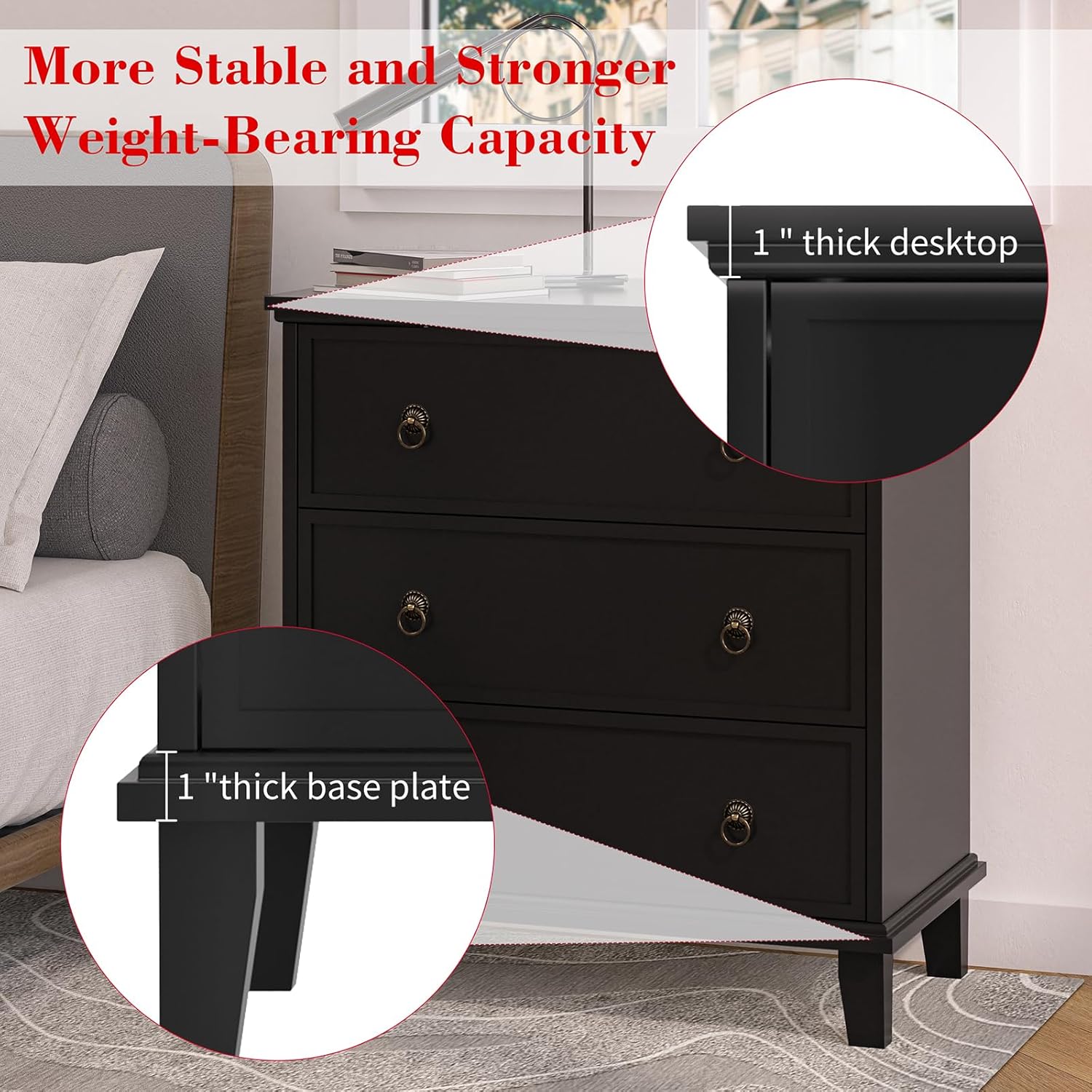 COWMOU 3 Drawers Black Nightstand, Large Nightstand with Charging Station,Wooden Farmhouse Night Stand, Bedside Table Set, End Table, Bedroom, Hallway, Entryway - Image 5