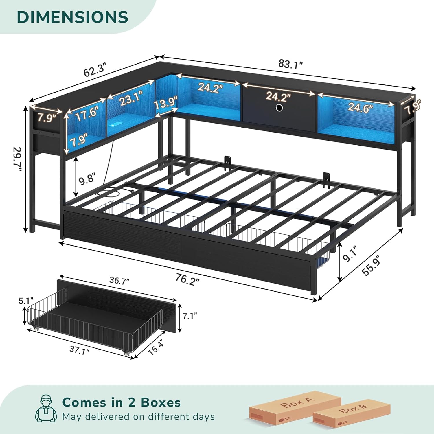 Alternative view of Hasuit Full Corner Bed Frame with Storage Drawers and Bookcase Headboard, Full Size Metal Platform Corner Bed Frame with Charging Station and LED Lights, Full Daybed for Kids Teens Guests, Black