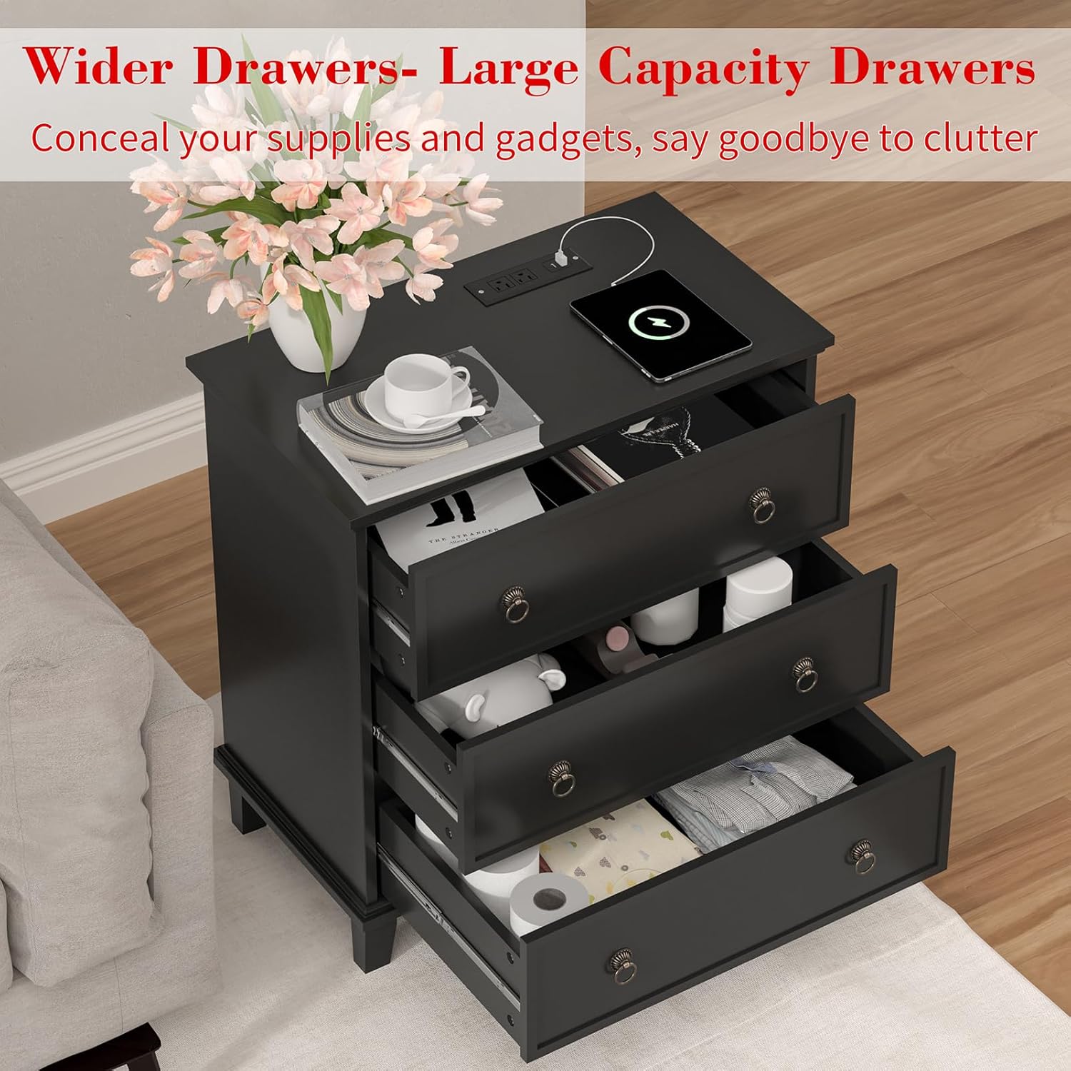 COWMOU 3 Drawers Black Nightstand, Large Nightstand with Charging Station,Wooden Farmhouse Night Stand, Bedside Table Set, End Table, Bedroom, Hallway, Entryway - Image 6