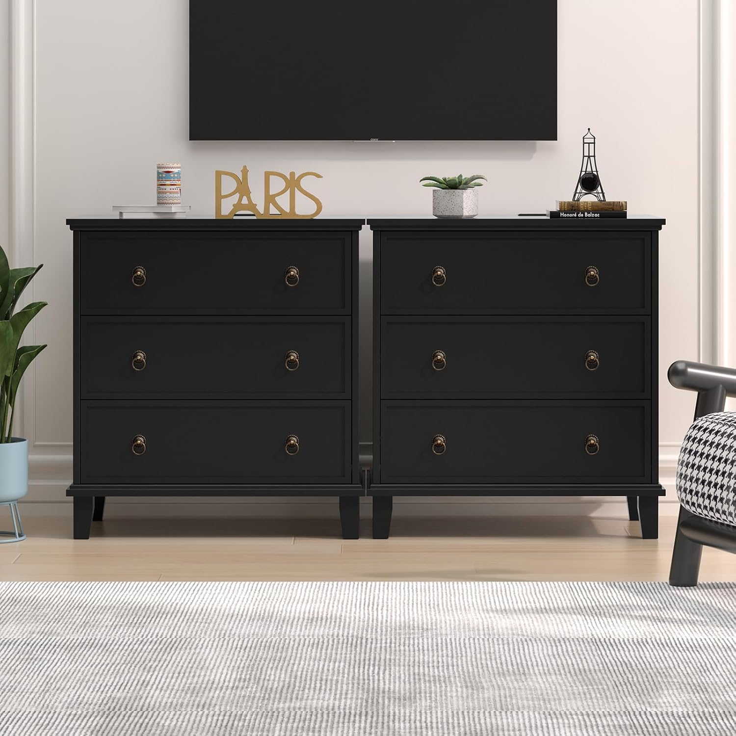 COWMOU 3 Drawers Black Nightstand, Large Nightstand with Charging Station,Wooden Farmhouse Night Stand, Bedside Table Set, End Table, Bedroom, Hallway, Entryway - Image 7