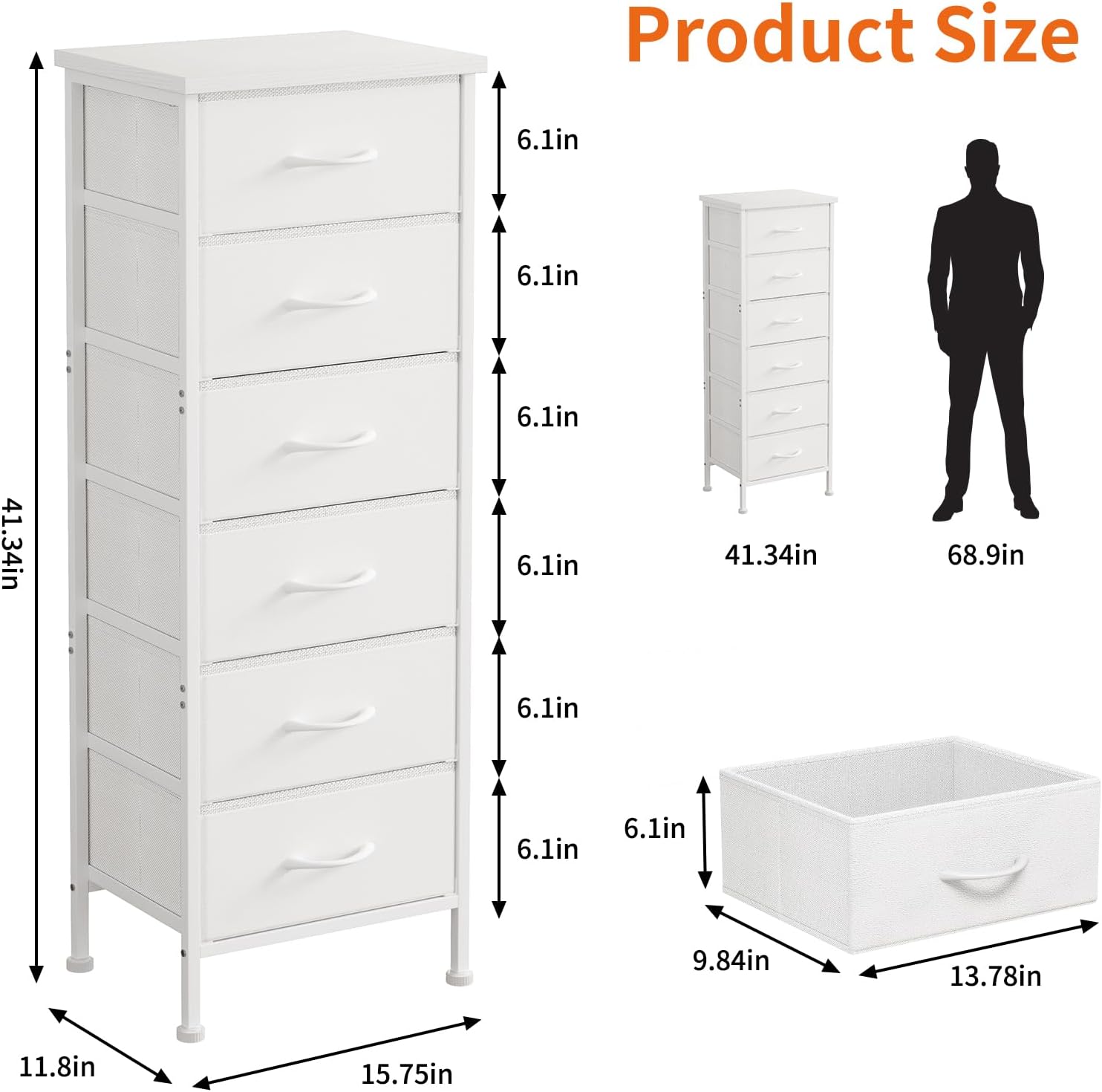 Alternative view of Fixwal White Tall Dresser for Bedroom Closet Organizers and Storage Tall Fabric Dresser with 6 Drawers, Small Clothes Storage Girl Bedroom Furniture