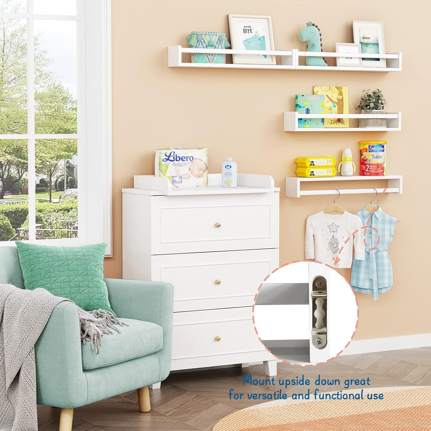 Forbena 24 Inch Wall Bookshelf for Kids Bedroom Set of 4, White Floating Nursery Book Shelves for Baby Toddler Children Girls Boys Room Decor, Large Wood Wall Mount Bookshelves and Toy Storage - Image 5