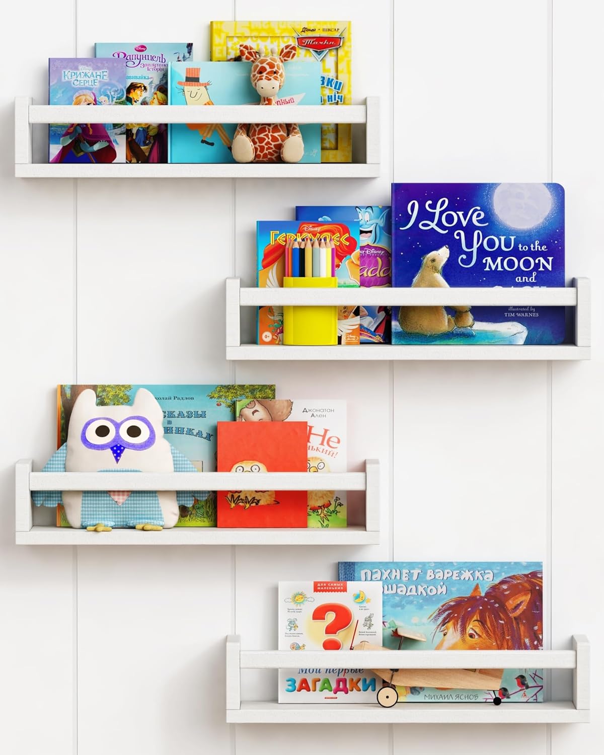 Forbena 24 Inch Wall Bookshelf for Kids Bedroom Set of 4, White Floating Nursery Book Shelves for Baby Toddler Children Girls Boys Room Decor, Large Wood Wall Mount Bookshelves and Toy Storage - Image 9
