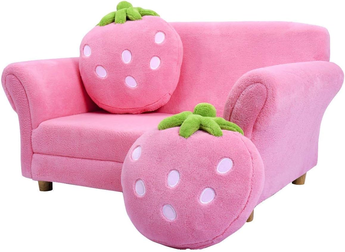 Costzon Kids Couch, Double Seat Pink Children's Sofa with 2 Strawberry Pillows, Toddler Armrest Chair for Bedroom, Living Room, Large Soft for Kids Loveseat Toy for Baby Girls Preschool Gifts Presents - Image 4